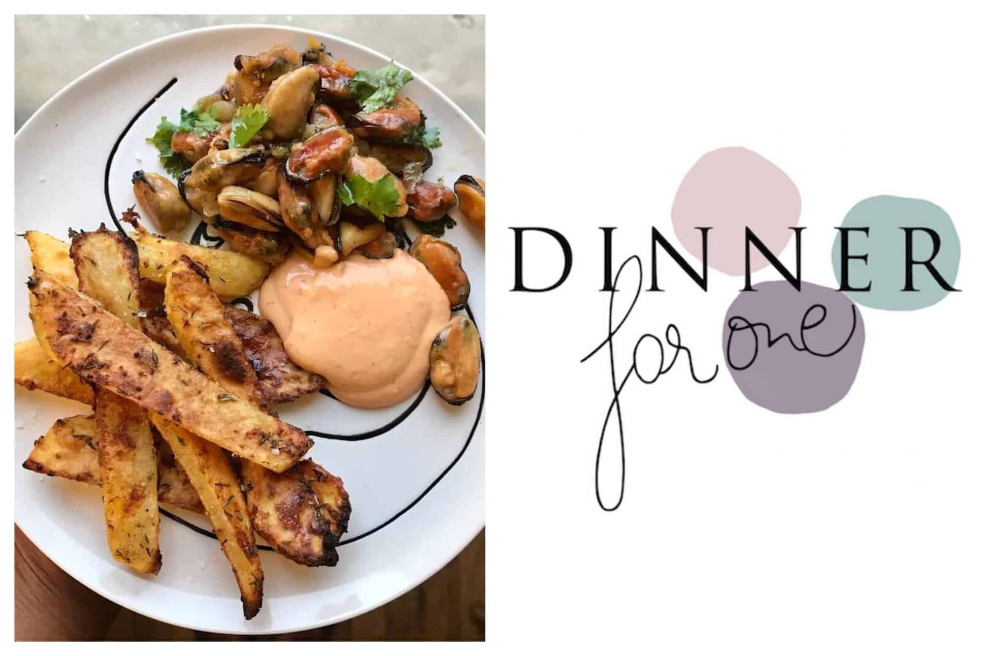 Left: An overhead shot of a plate of moules-frites, with the fries to the left, the muscles (moules) to the right and a spicy mayonnaise sauce in the middle, Right: The Dinner For One ppodcast logo, with purple, pink and blue dots in the background, and the text "Dinner For One" laid on top.