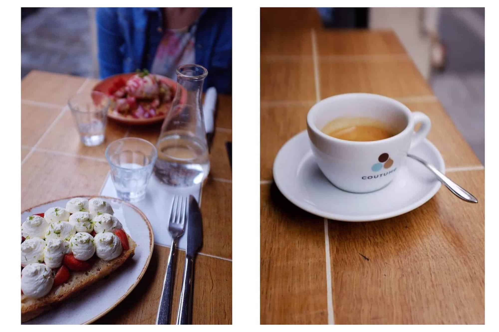 Left: A plate with a piece of bread with strawberries and cream on top. There is a glass bottle filled with water and two glasses, and another plate of food in front of a person in the background. Right: A white cup of coffee with "Coutume" written on it on white saucer.