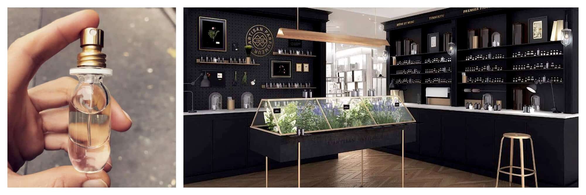 Left: a hand holding a small, clear bottle of perfume with a gold top. Right: interior of a perfume shop. The walls are black and the display cases have gold details. There is a glass case with green, white, and purple flowers.  
