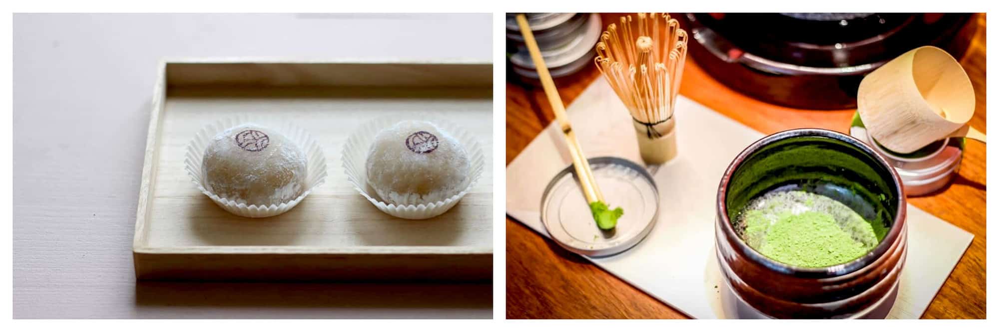 Left: two Japanese mochi desserts on a wooden tray. Right: a cup filled with green matcha tea on the right and a wooden matcha stirring tool on the left.