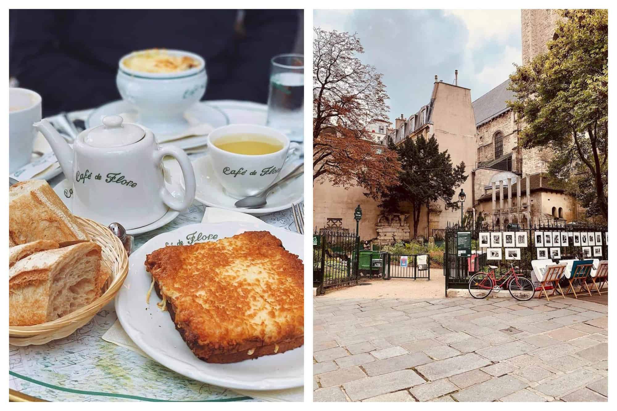 Left: a table at the Café de Flore with a basket of bread on the left, a croque monsieur sandwich on the right, and a tea kettle with two tea cups. There is a bowl of French onion soup on the table behind the tea cups. Right: a cobblestone square with buildings in the background. There is a fence with framed art work on it and a red bike.