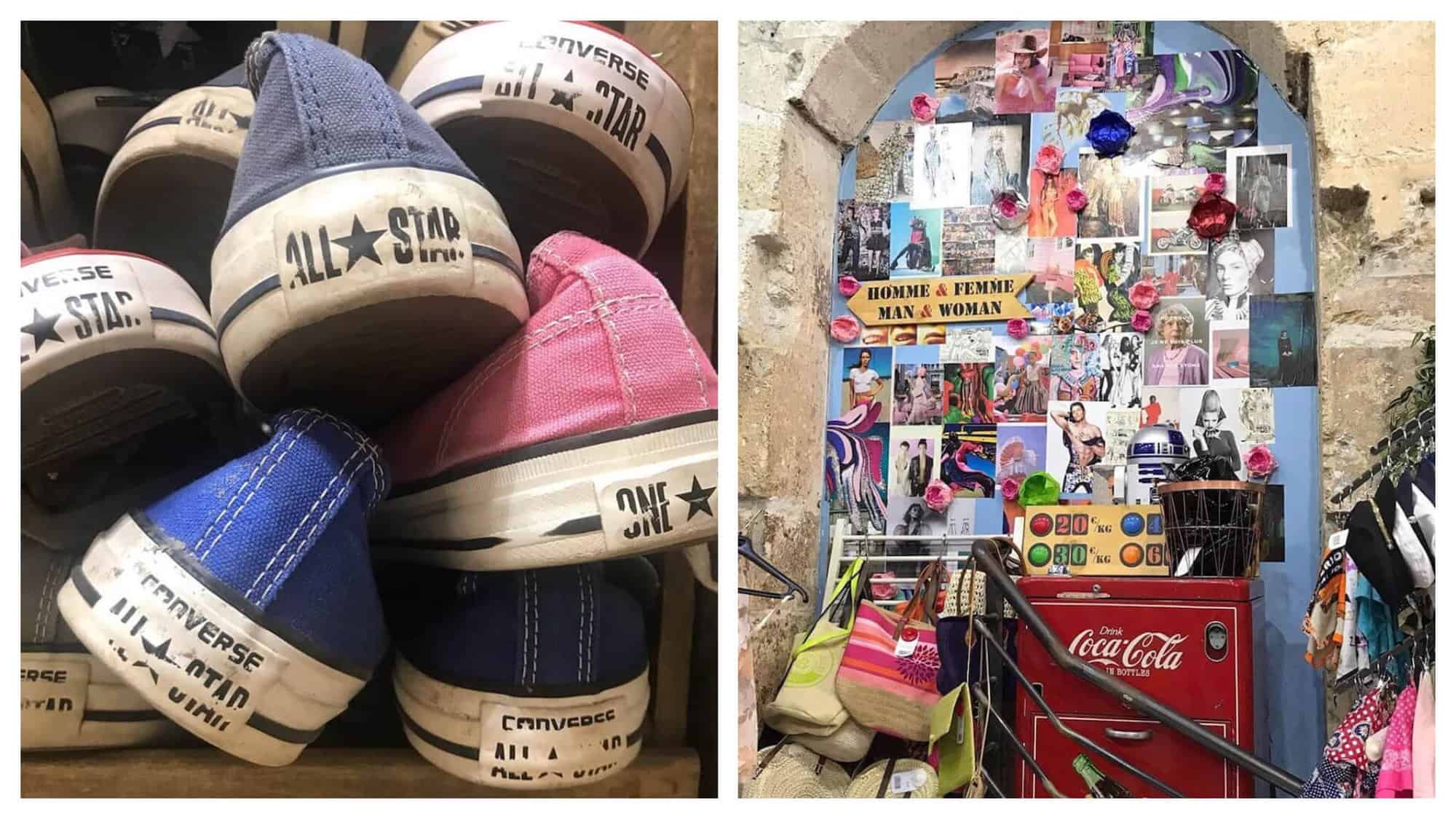 Left: eight Converse sneakers stacked on top of one another. The Converse All Star logo is visible. Right: Interior of Kilo Shop with a collage of several photos, several hats and scarves to the right, a red Coca Cola fridge, and several handbags to the left. 
