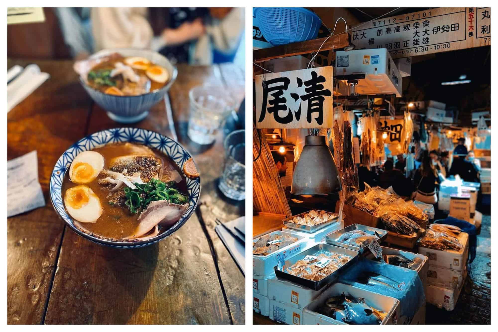 Left: a blue and white bowl filled with ramen soup with two eggs, meat, greens, and spices. Right: Interior of a ramen restaurant. There are several boxes filled with food products and a flag with Japanese lettering on it. There are people seated in the background