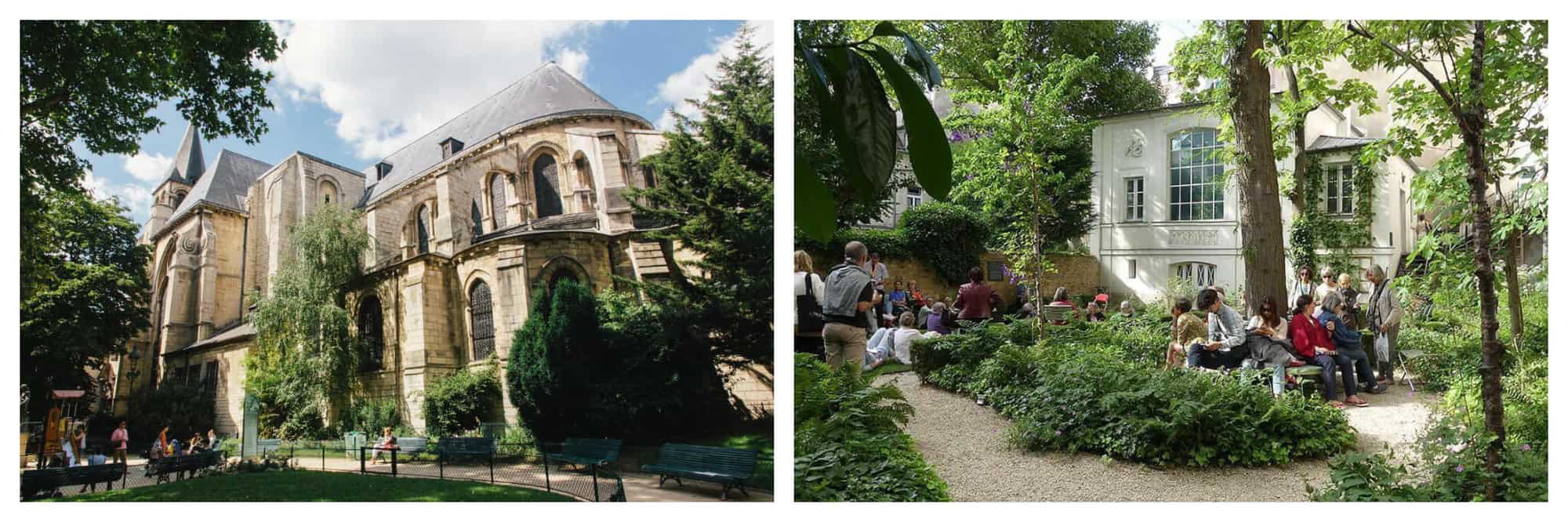 Left: Saint-Germain-des-Prés church with a small square with greenery and park benches in front of it. Right: The Musée Delacroix courtyard outside the museum. There is a lot of greenery and trees with people sitting on benches.