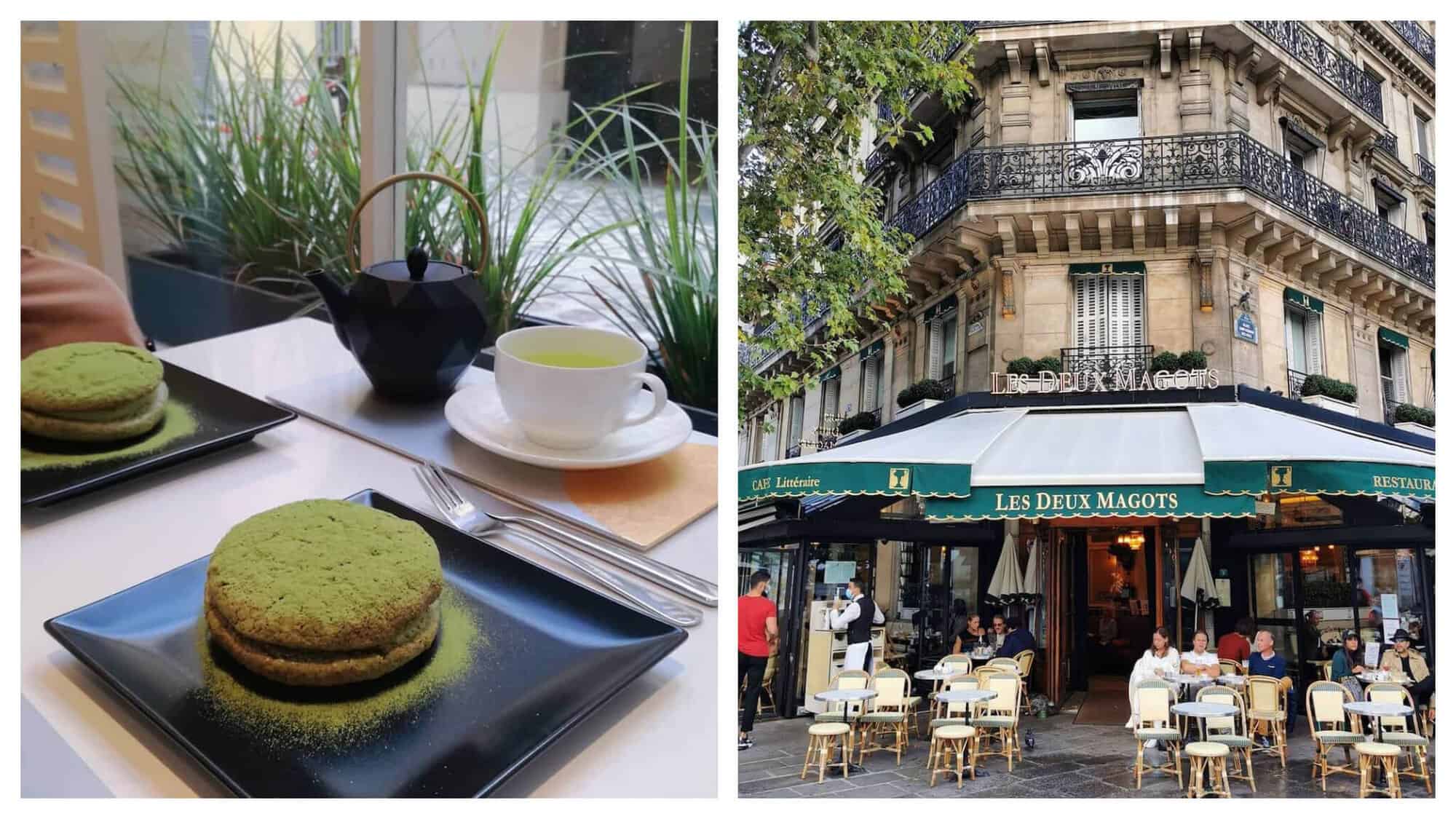 Left: A white table with two black plates with green matcha cakes on them. There is a black tea kettle and a white tea cup and saucer on the table. Right: An old Parisian building that is the exterior of Les Deux Magots café. There is a green and white awning with the name of the café in gold and there are several tables and chairs with people sitting at them.