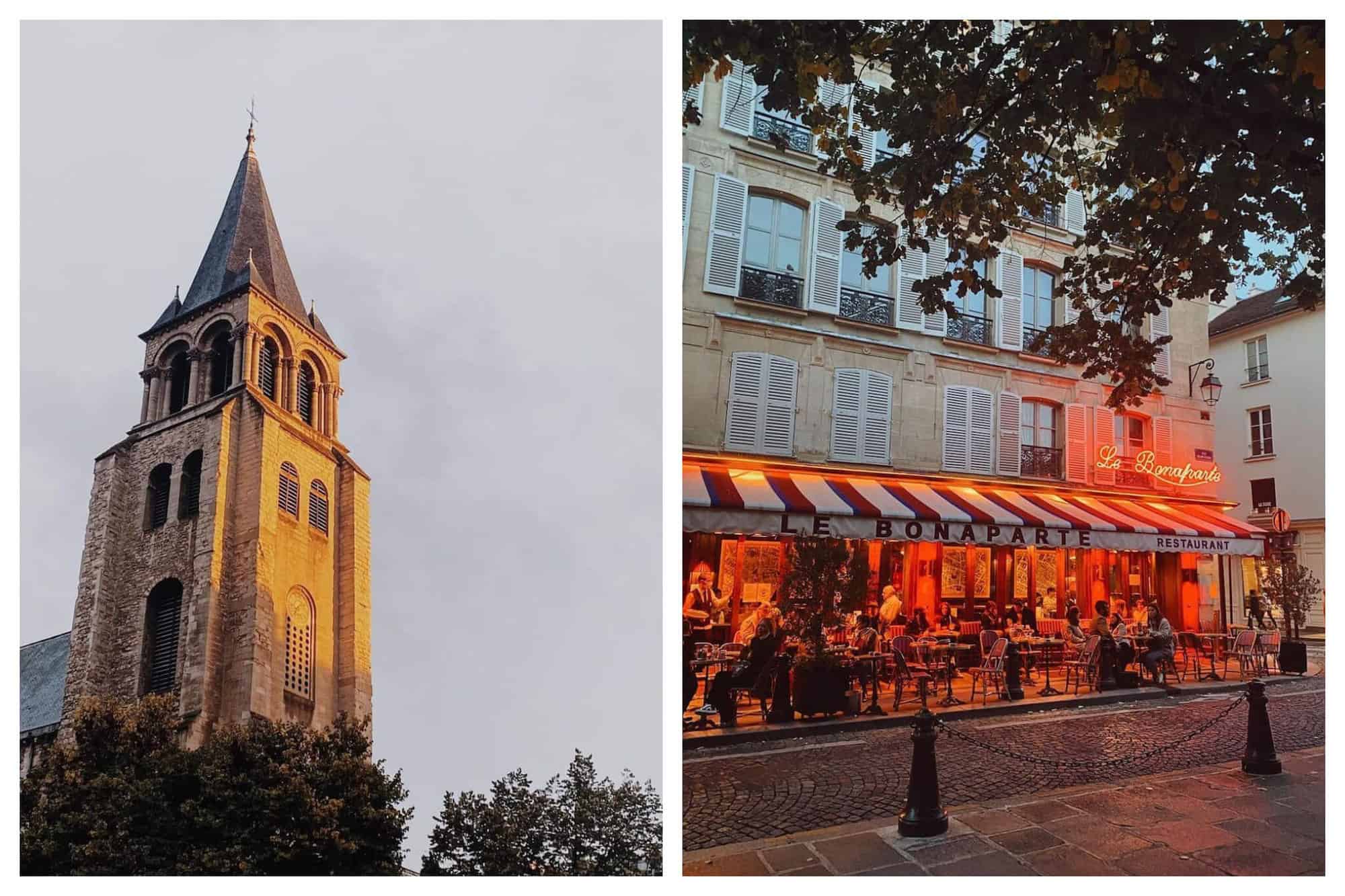 Left: a church steeple with sun shining on it at dusk. There are trees visible near the base of the steeple. Right: Exterior of a Parisian cafe. The words "Le Bonaparte" are lit up in red lights and the awning is white with blue and red stripes. There are several people sitting at tables in front of the cafe.