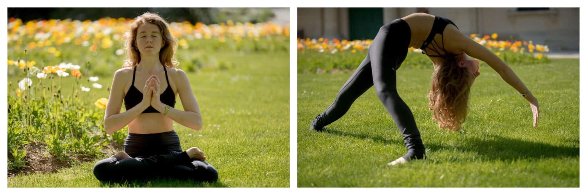 Left: a woman sits in lotus pose with hands in prayer, in front of flowers in full bloom.
Right: A woman does a backbend in font of a bed of flowers. 