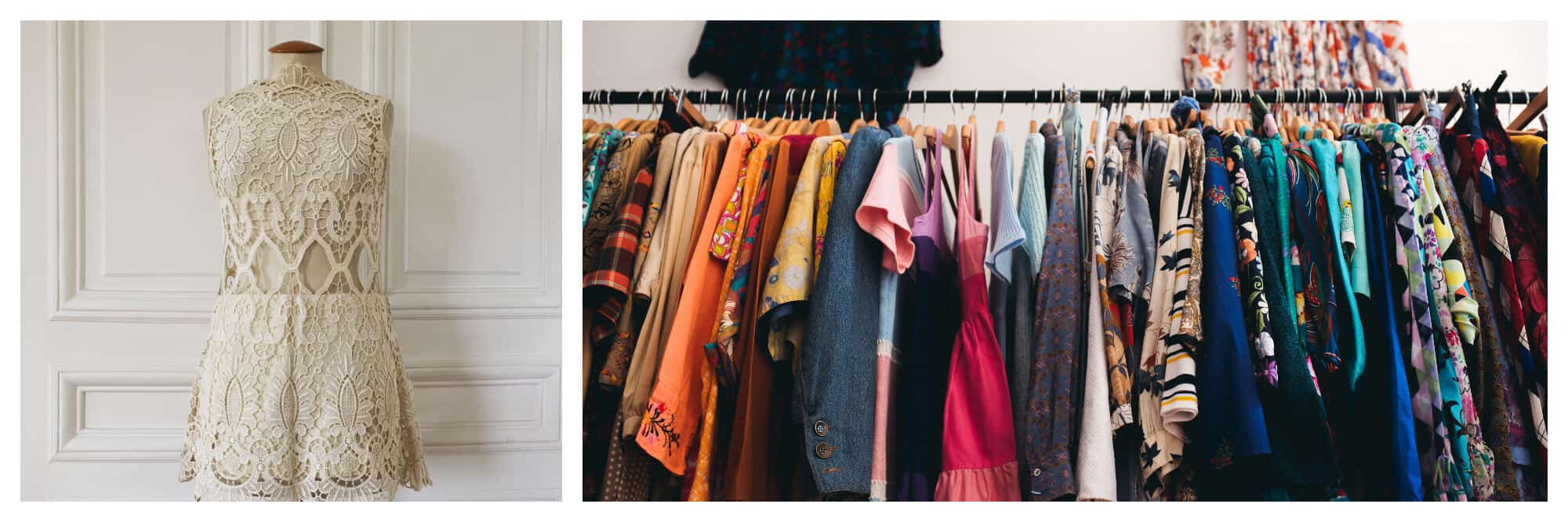 Left: A cream colored dress with lace details on a dress form. Right: A clothing rack with colorful clothing.