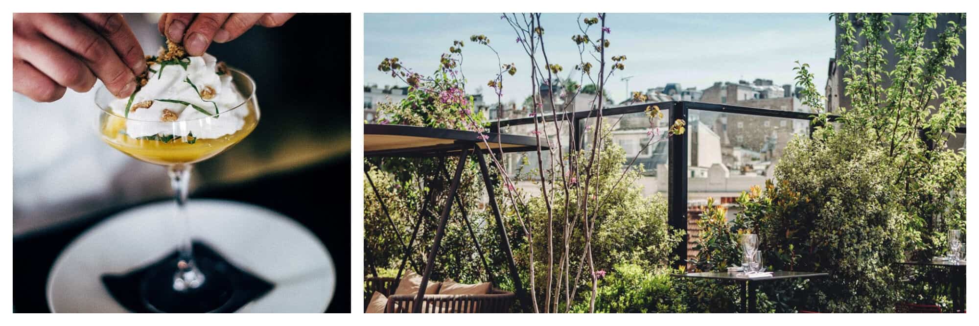 Left: Two hands preparing a yellow cocktail with white cream and greens herbs on top. Right: A rooftop garden with a table and a view of Parisian roof tops in the background.