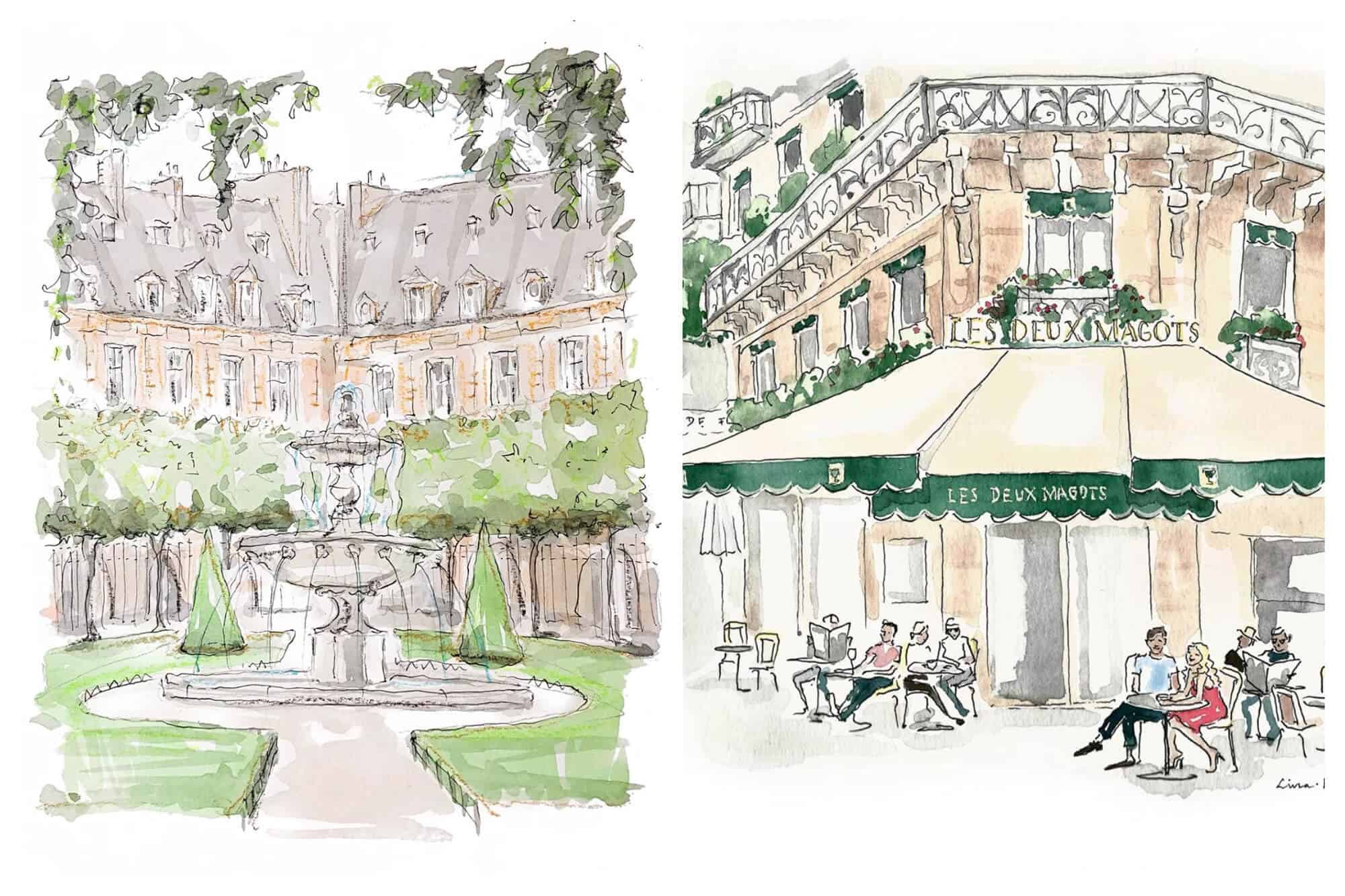 Left: A watercolor painting of a park with a fountain in the middle. There are buildings surrounding the park. Right: A watercolor of a Parisian cafe called Les Deux Magots. There are people sitting at tables outside and there is a green and cream colored awning.