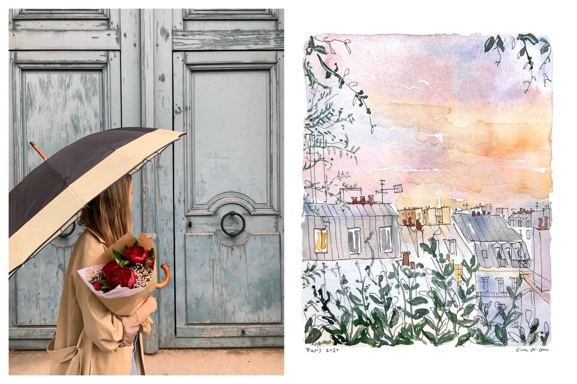 Left: Lina Nordin Gee enjoying a perfect day in Paris, walking in front of an old door, her long blong hair worn loose, with red roses in her hand while carrying an umbrella and wearing a beige trench coat. Right: A watercolor painting in pastel colors of Parisian roof tops with green trees on the edges of the image.