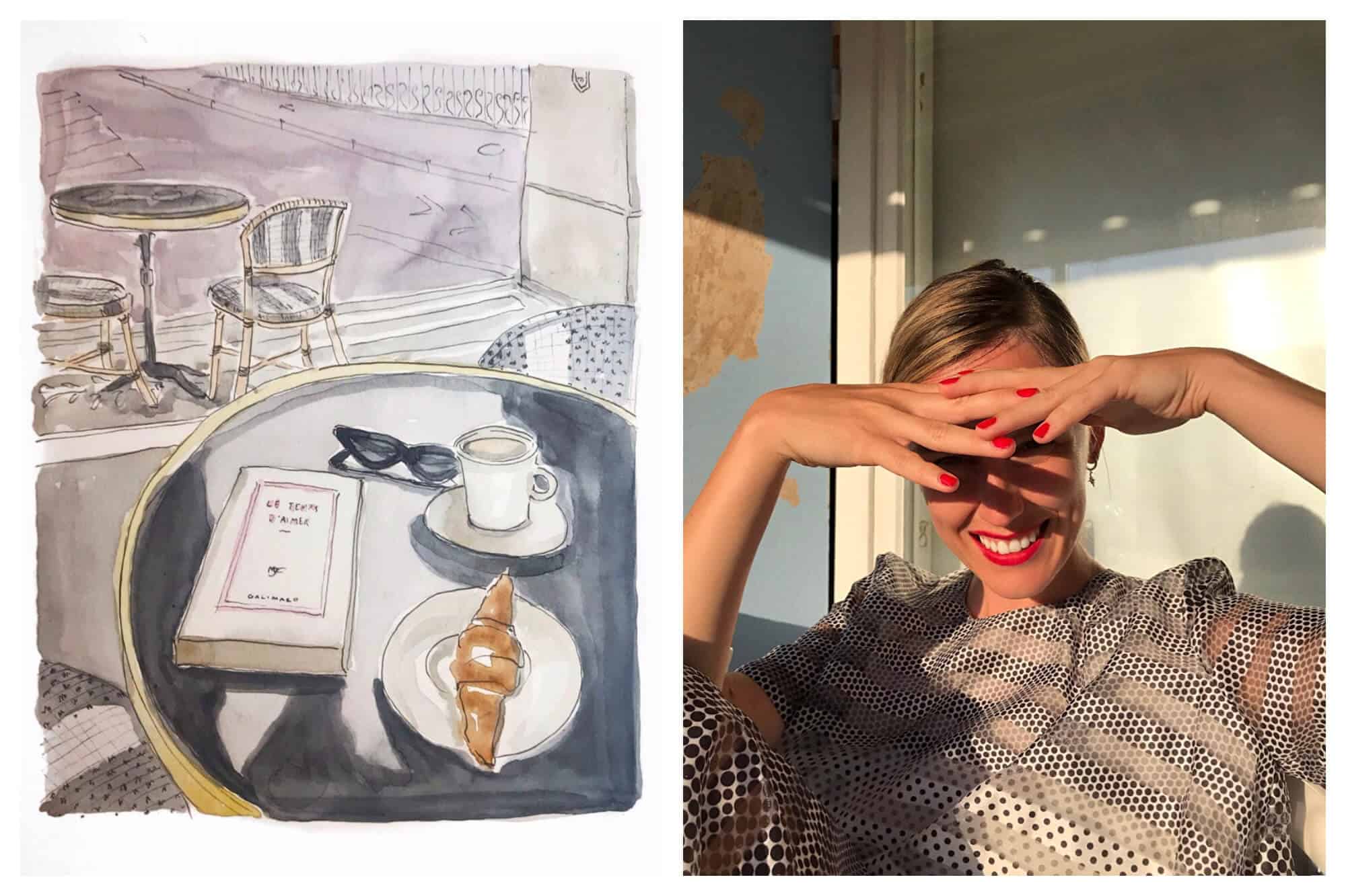 Left: A watercolor painting of a croissant, coffee, and book on top of a table at a café with another table and chairs in the background. Right: Lina Nordin Gee smiling as she shields her eyes from the sun with both hands after enjoying a perfect day in Paris.