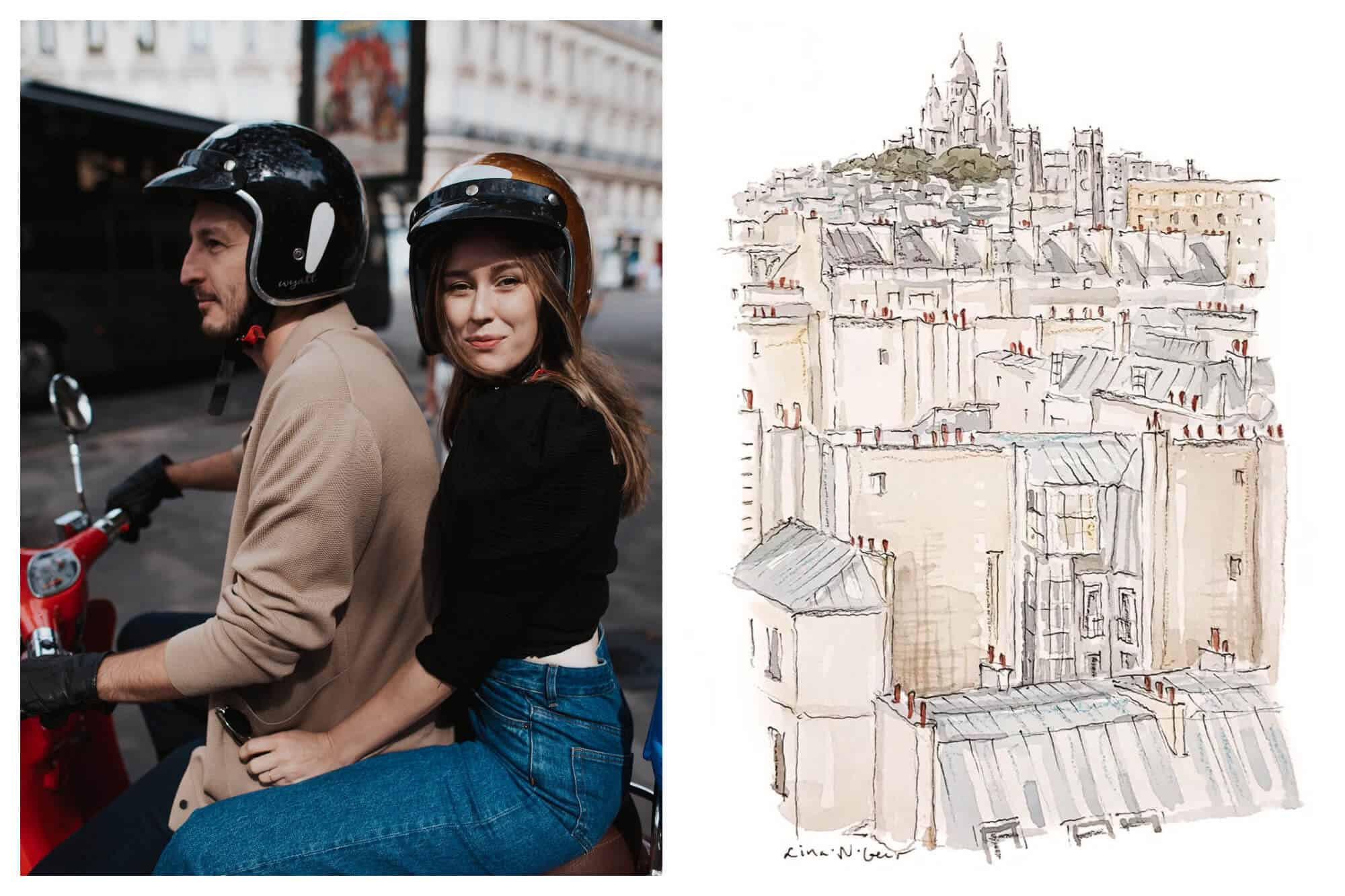Left: A man and woman on a moped with helmets on. The woman is smiling. Right: A watercolor painting of the Sacré-Coeur church with Parisian roof tops.