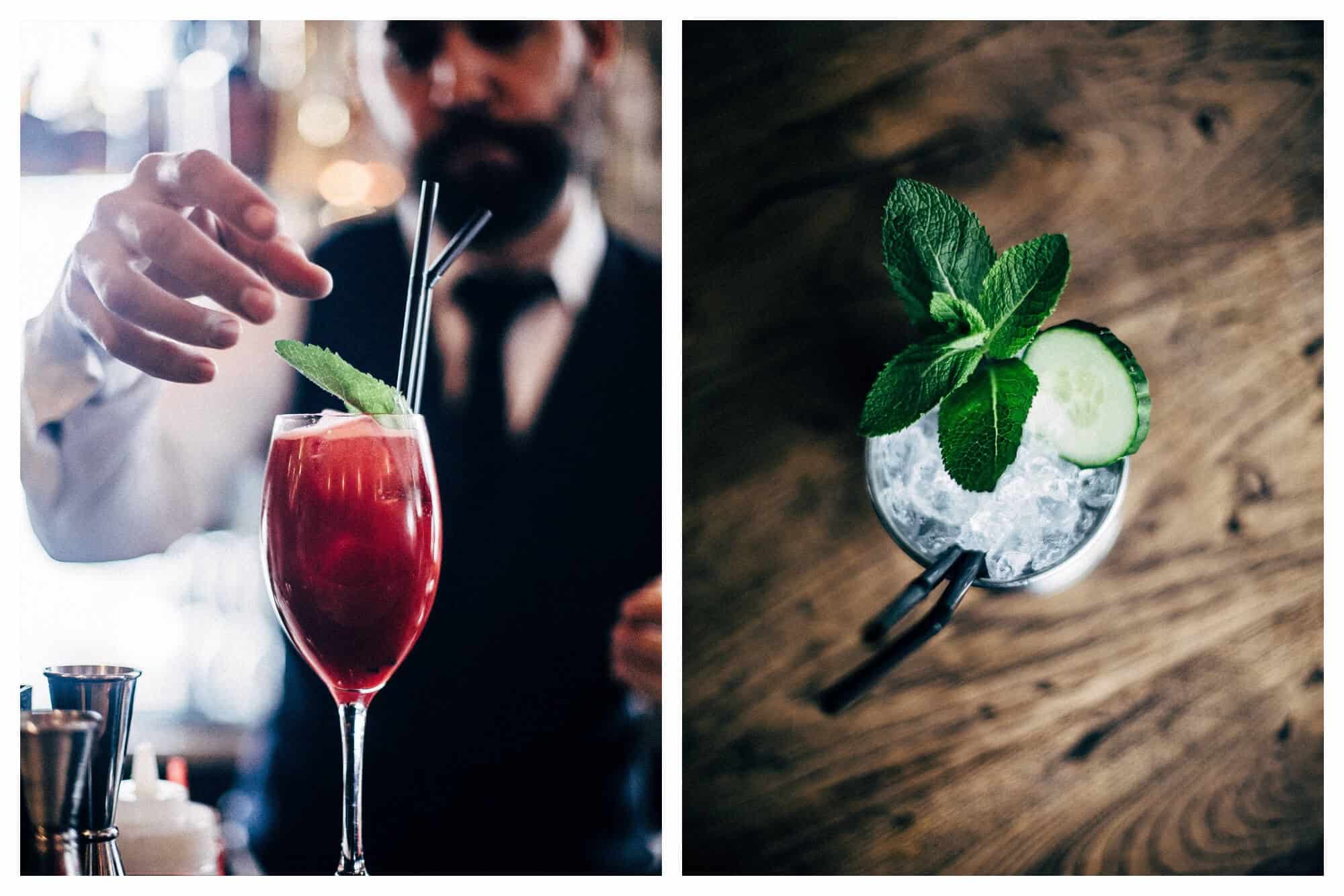 Left: A man preparing a red cocktail with a mint herb leaf, a straw, and a stirrer. Right: View of a cocktail with mint leaves and a cucumber on a table from above.