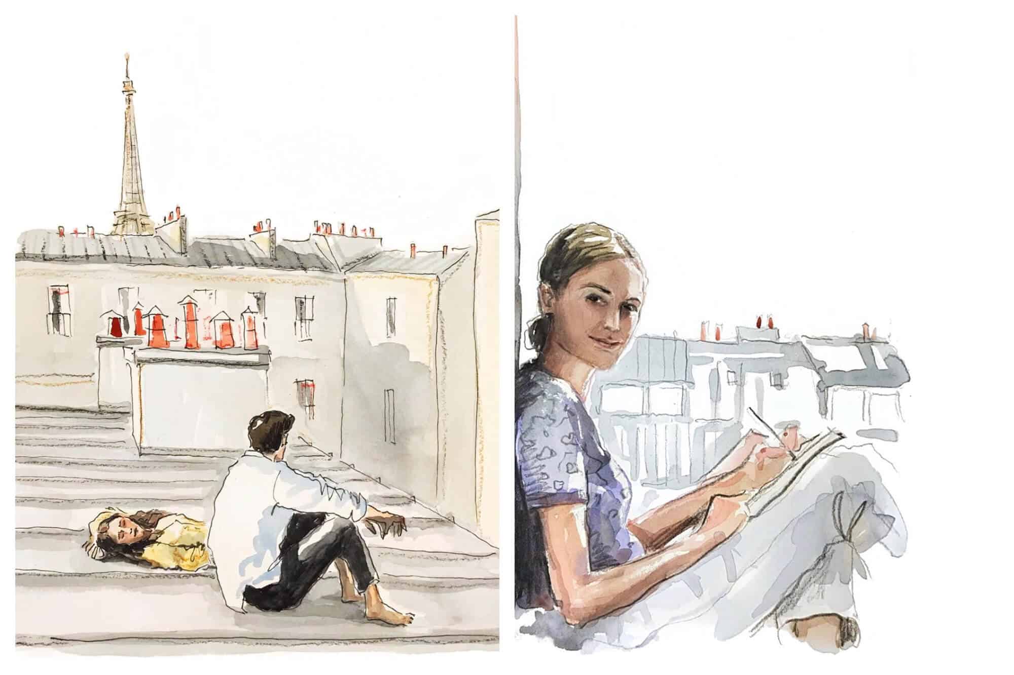 Left: A watercolor painting of a man sitting on a roof with a woman laying next to him with the Eiffel Tower in the background. Right: A watercolor painting of a woman smiling while she paints with gray rooftops behind her.