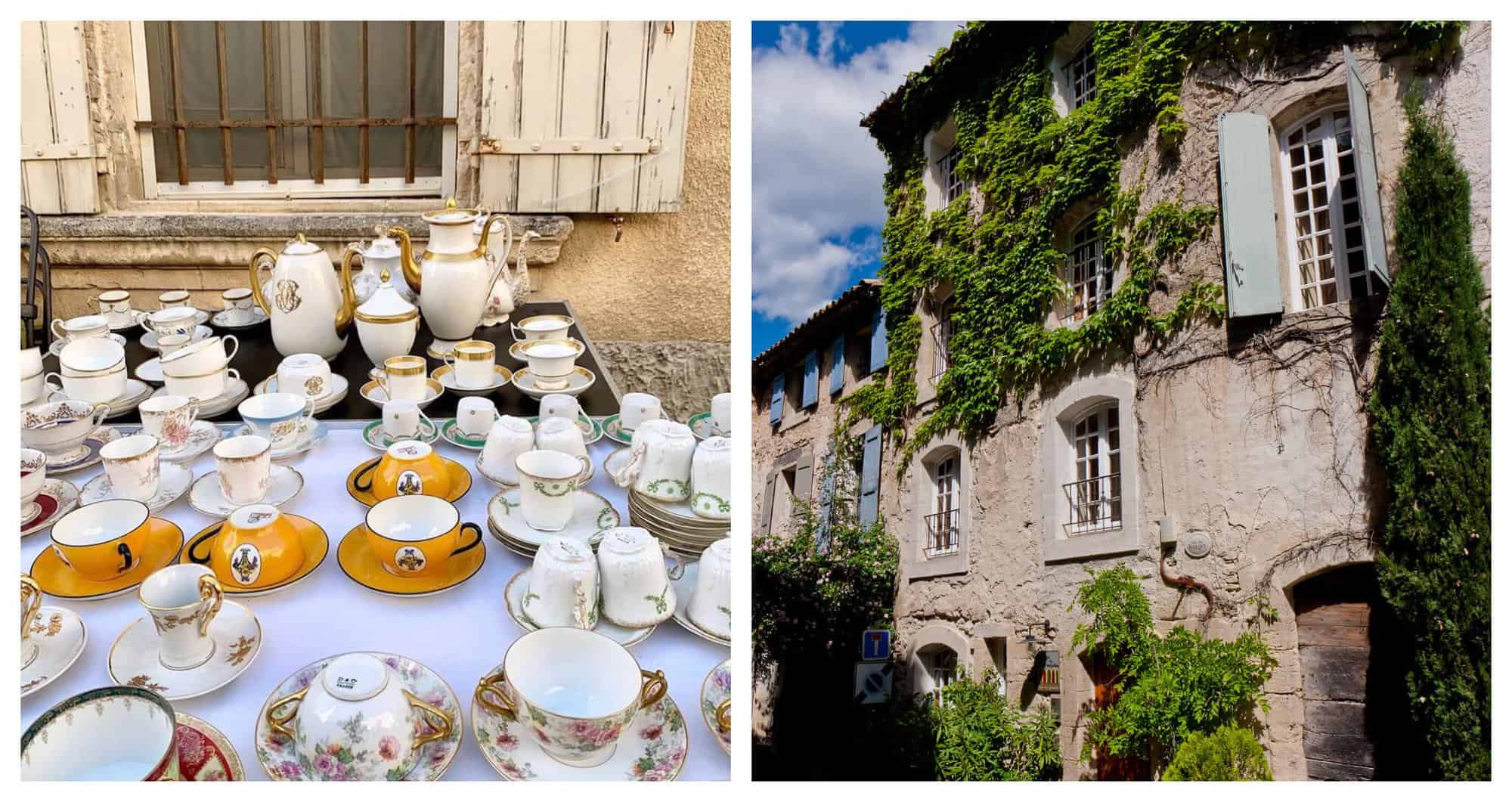 Left: a table with several sets of tea cups and saucers and a full tea set. Left: A stone Meditteranean building covered in green ivy with pale green and light blue shutters.