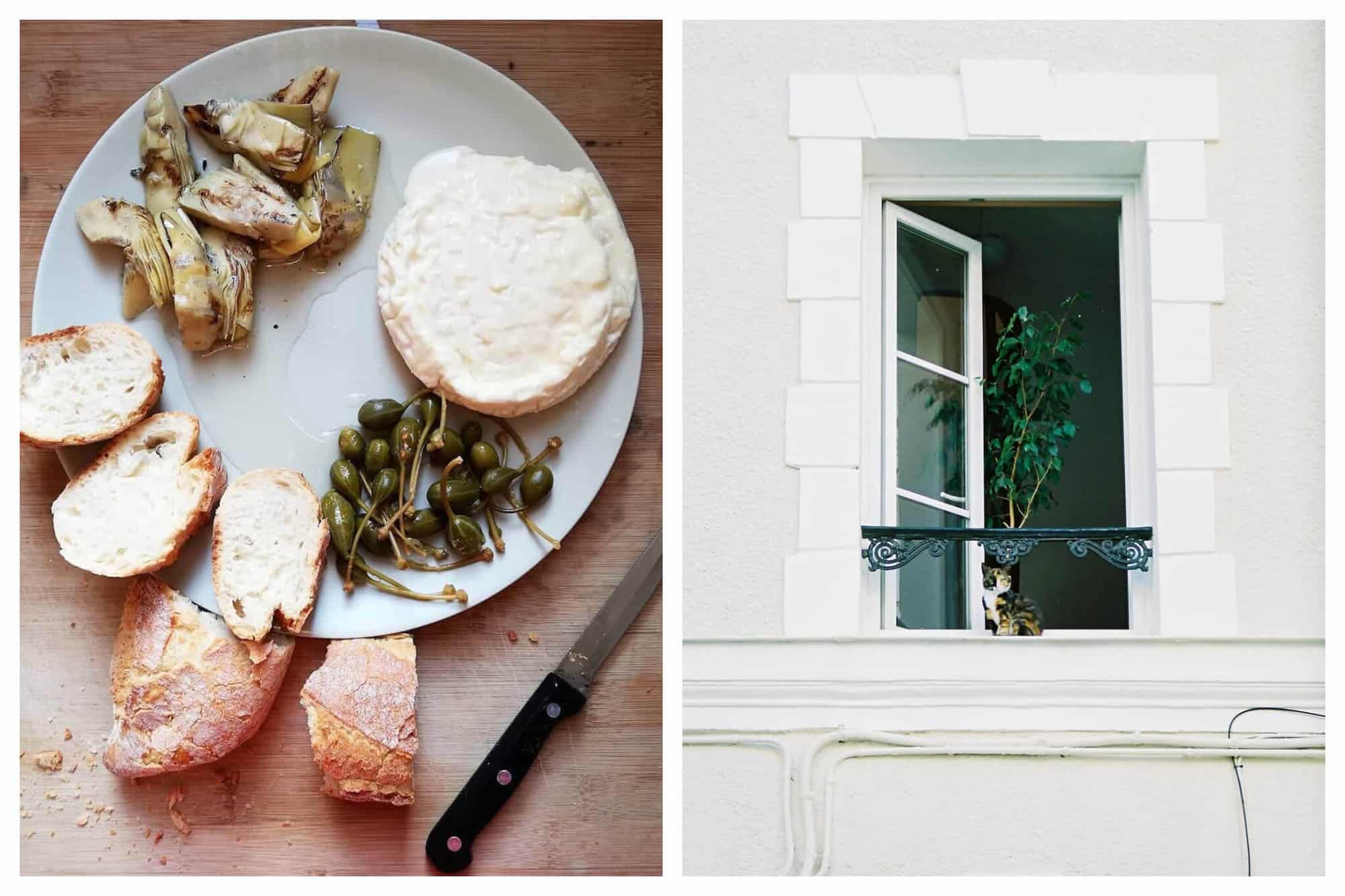 Left: a plate with cut pieces of a baguette, cheese, olives, artichokes. There is a knife to the right of the plate. Right: A window in Paris with a cat sitting on it. There is a tree inside the apartment that is visible.