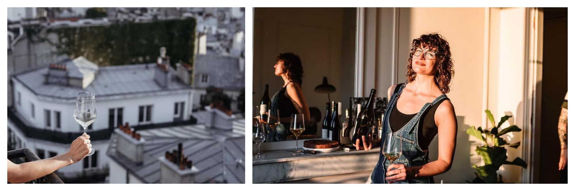Left: an arm and hand holding a glass of out of a window in Paris. Gray slate Parisian roofs and other buildings can be seen. Right: A woman standing in an apartment in Paris with a glass of wine in her hand. She has short brown hair and is wearing jean overalls.