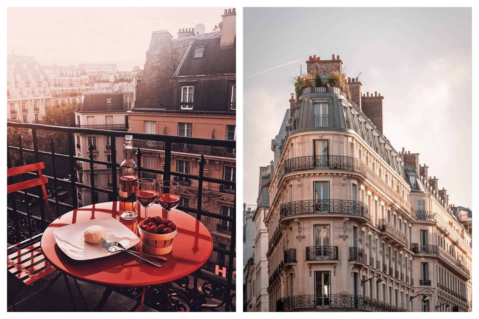 Left: a balcony in Paris with a red table and two red chairs. There is food and rosé wine with two glasses on the table. The sun is shining and Parisian buildings can be seen in the background. Right: a Parisian building with several windows and balconies. There is a small garden visible on the roof.