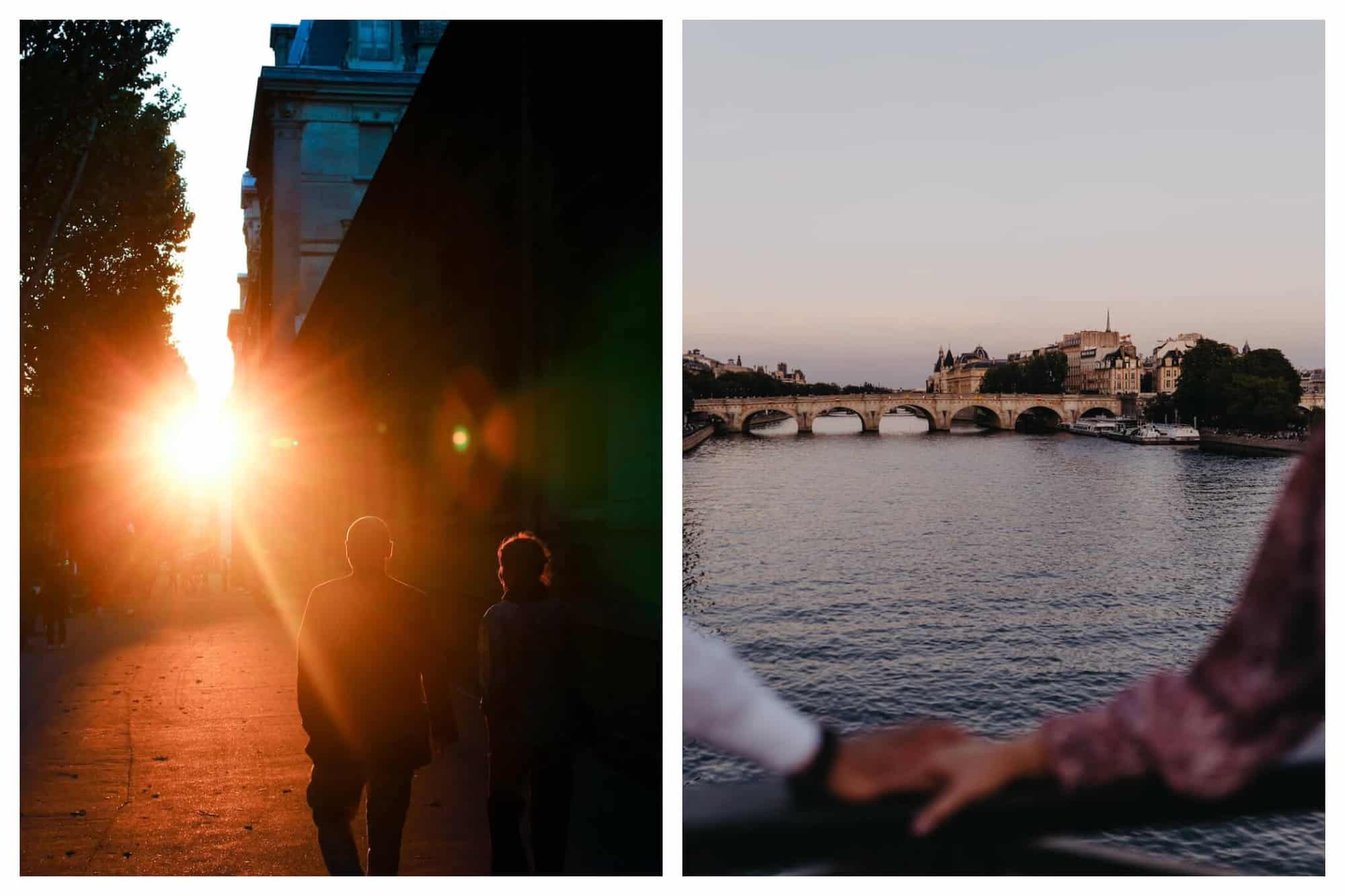 Right: A man and woman walk hand in hand towards the sunset on the streets of Paris. Left: A view of the Seine from one of the bridges. It is at sunset and one can see another bridge in the distance as well as some buildings. At the front of the photo is a man and woman's hand grasping one another, slightly out of focus.