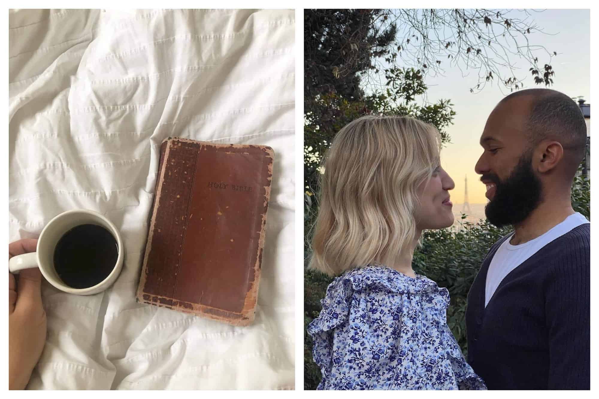 Left: a white duvet with a cup of cofee next to an antique brown leather bound book. Right: A blond haired woman embraces an olive skinned, bearded man. They are both smiling and are outdoors with green shrubs and a tree behind them and the Eiffel Tower at dusk in the distance.