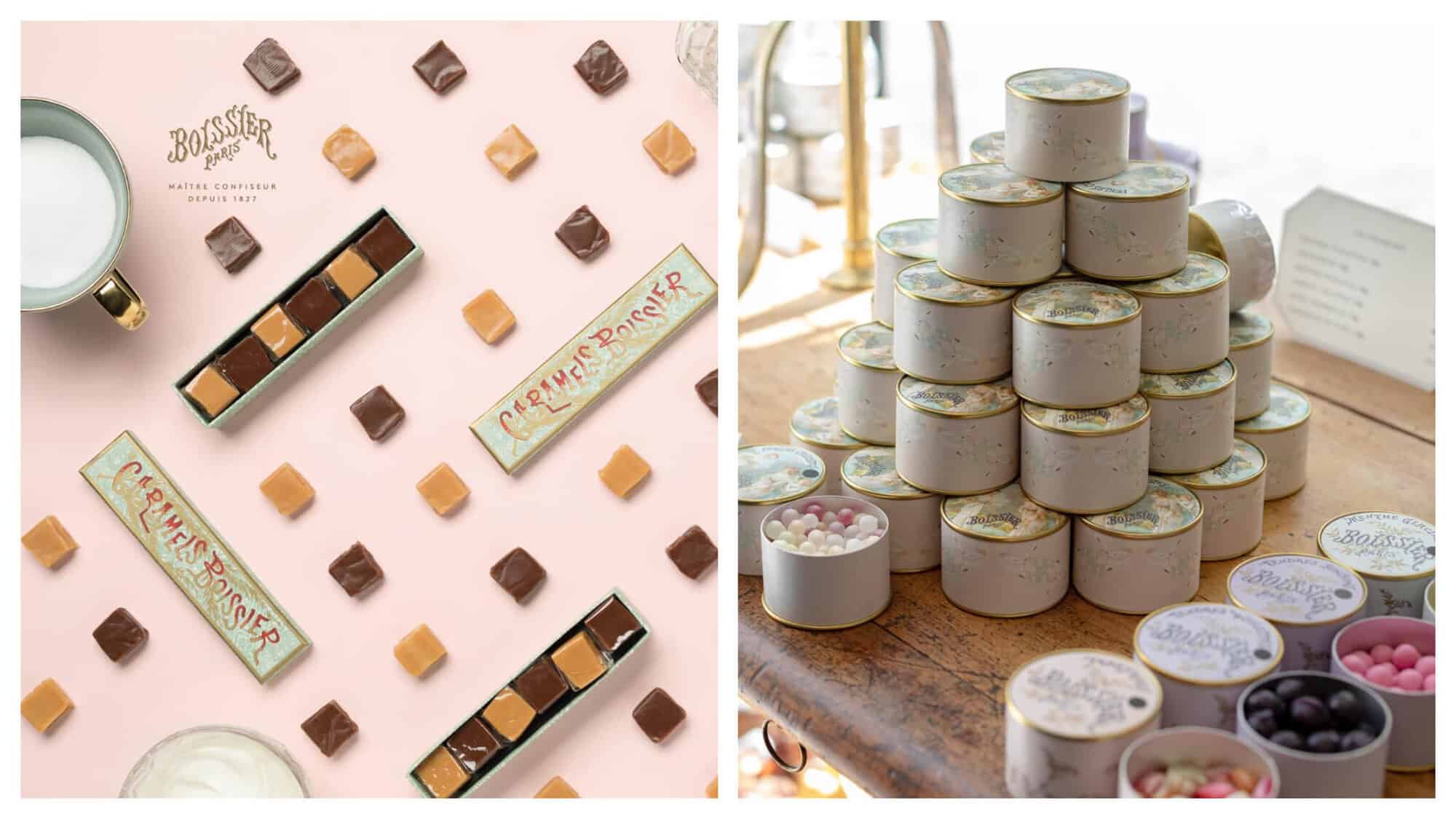 Left: an aerial view of chocolates and caramels. Some are in small boxes and others are on the pink table. "Caramel Boissier" is written on the boxes. There is also a cup of milk visible in the top left corner. Left: a stack of circular tins filled with candy. The candy is pink, white, cream, and purple.
