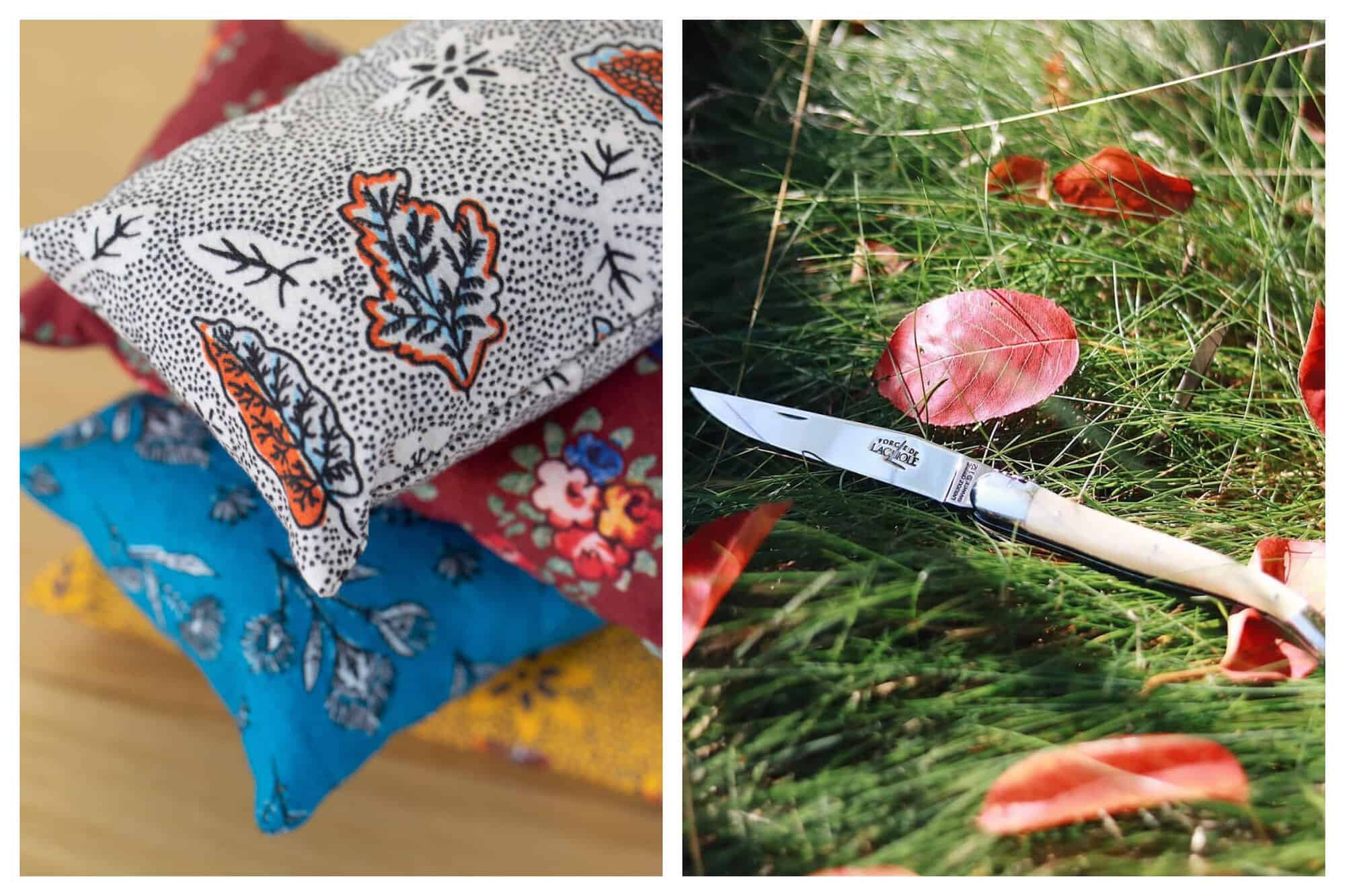 Left: a set of small colourful pillows with various flower patterns are stacked upon one another. Right: a Laguiole knife rests on green grass outdoors with a few autumnal coloured leaves next to them.