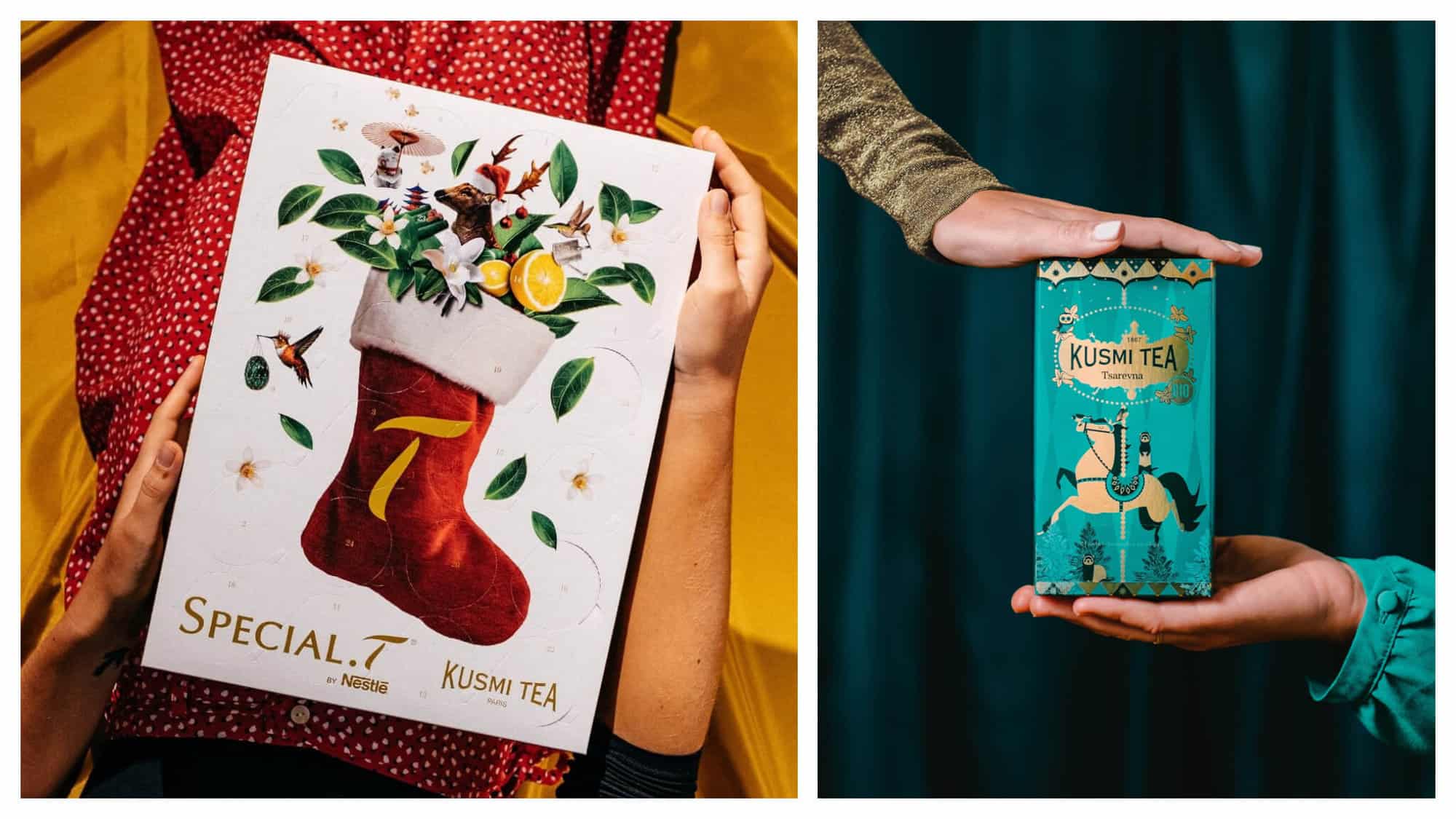 Left: A gift box from Kusmi Tea with a red stocking and overflowing with green leaves, oranges and a reindeer wearing a red Santa cap. Right: a turquoise and gold box of Kusmi tea against blue curtain.