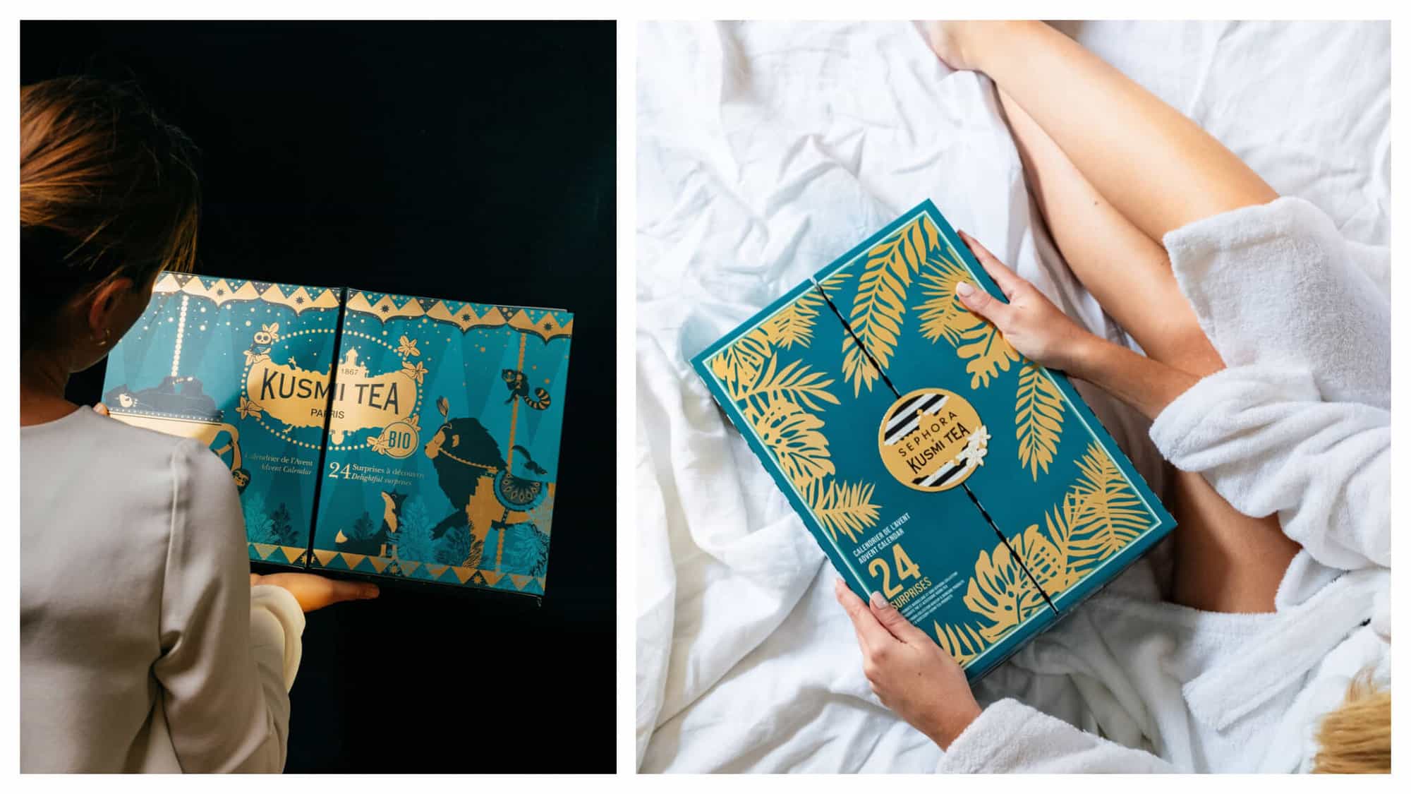 Left: A woman pictured from behind holds a turquoise and gold gift box from Kusmi Tea against a black background. Right: A woman in a white bathrobe sits on white sheets holding a turquoise and gold Kusmi tea gift box.