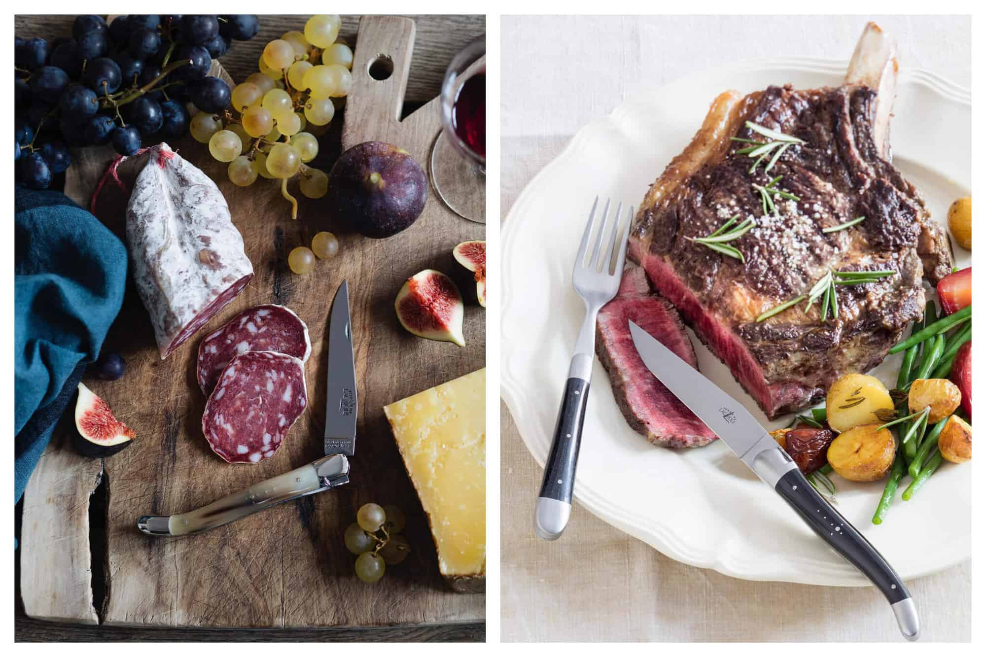 Left: a wooden chopping board with a Laguiole knife, cheese, figs, grapes, charcuterie, a glass of wine and blue napkin. Right: a plate with Laguiole cutlery, a roast piece of rare meat and vegetables on a white plate.