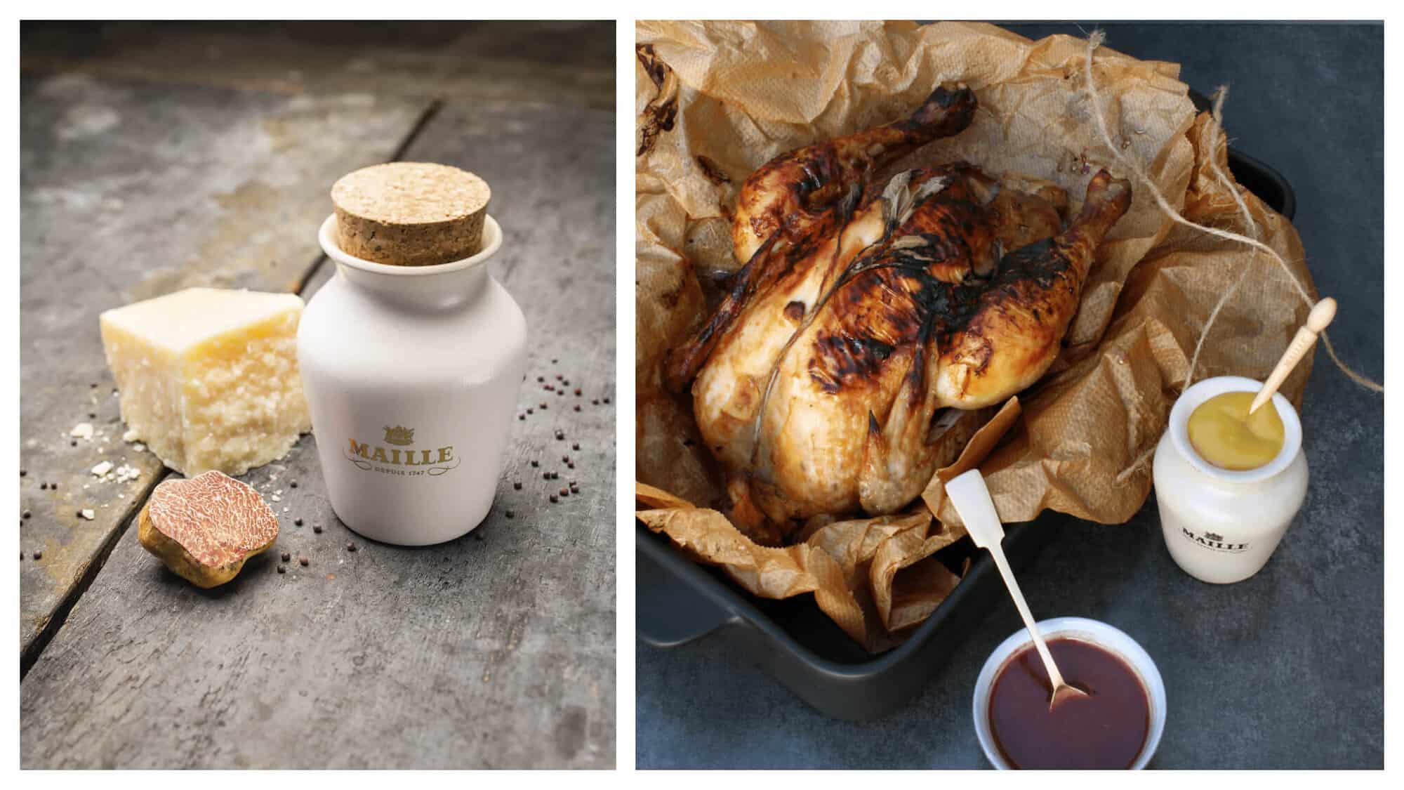 Left: a white ceramic jar of Mailel mustard on a wooden table with a block of parmesan next to it. Right: a roast chicken in a roasting tin with a ceramic jar of mustard to the right and a dark brown colored sauce in a white bowl next to it.