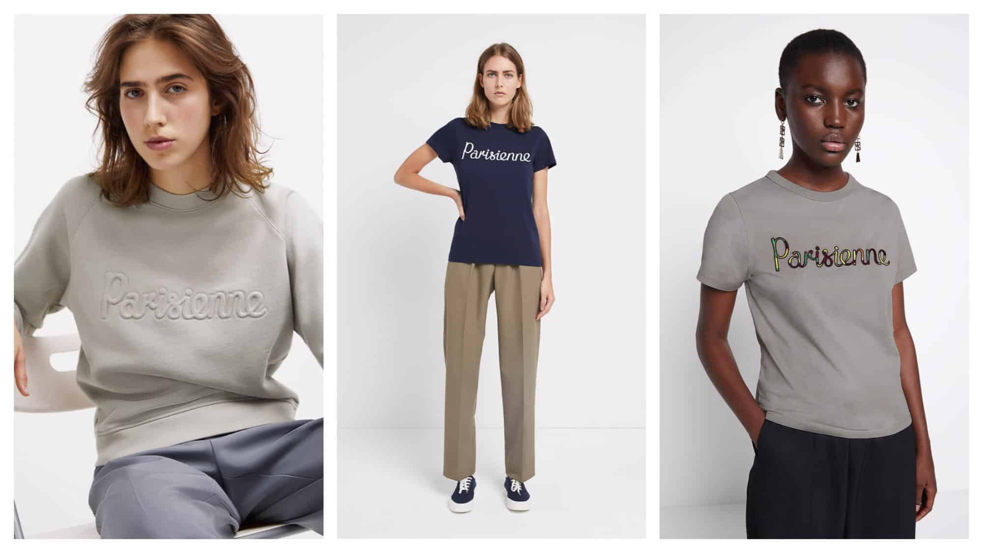 Left: a woman with shoulder length brown hair, grey trousers and a lighter grey sweatshirt sits on a white. Center: a woman with dirty blond shoulder length hair, a short sleeved dark blue t-shirt and beige trousers stands against a white background. Right: a woman black woman with short black hair stands against a white background wearing black trousers and a short-sleeved grey t shirt. Each of their shirts say 'Parisienne'.