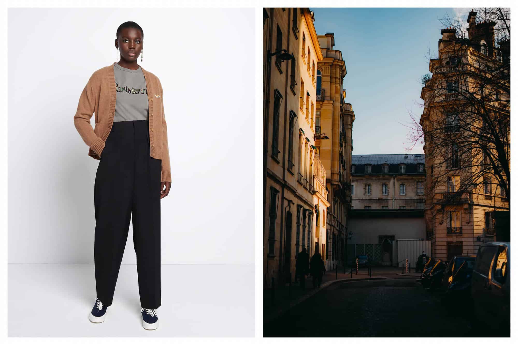 Left: a black woman with closely cut short black hair models black trousers, a grey t-shirt and tan cardigan from Maison Kitsuné. Right: photo of Hausmann buildings in Paris pictured at sunset. 