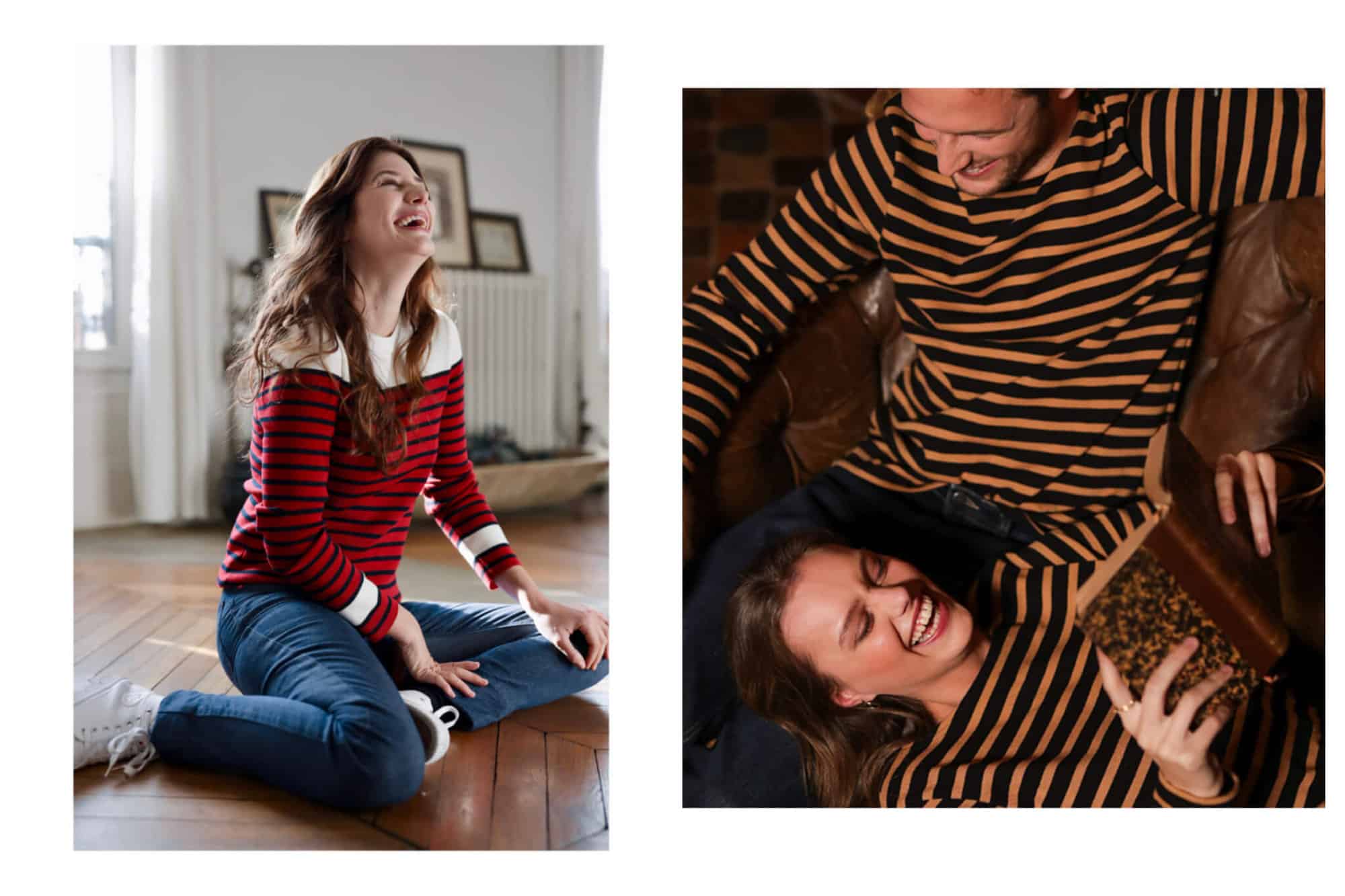 Left: a woman with long black hair sits smiling on a parquet floor in a Paris apartment, wearing white sneakers, jeans, and a red and dark blue striped sweater with a white band across the shoulders and collar. Right: a smiling man sits on a brown leather sofa with a woman resting her head in his lap, also smiling. They ar eboth wearing matching black and tan striped tops from Saint James.