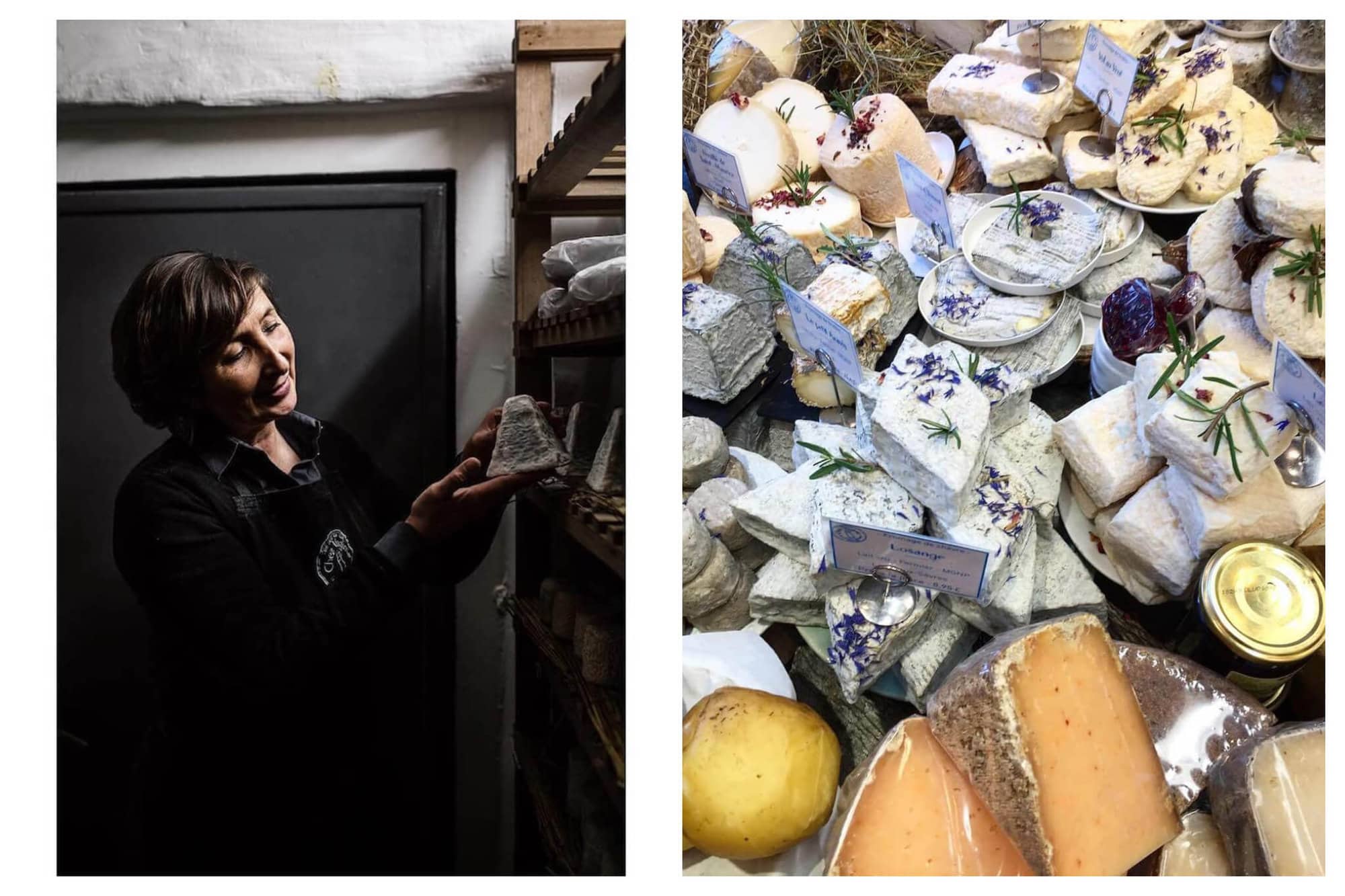 Left: Virginie of Fromagerie Chez Virginie is in a store room. She is standing next to a shelf filled with different types of French cheeses and she is holding a cheese and smiling at it. She is wearing a black shirt and a black apron. Right: An aerial view of a table filled with different types of French cheeses at Fromagerie Chez Virginie.