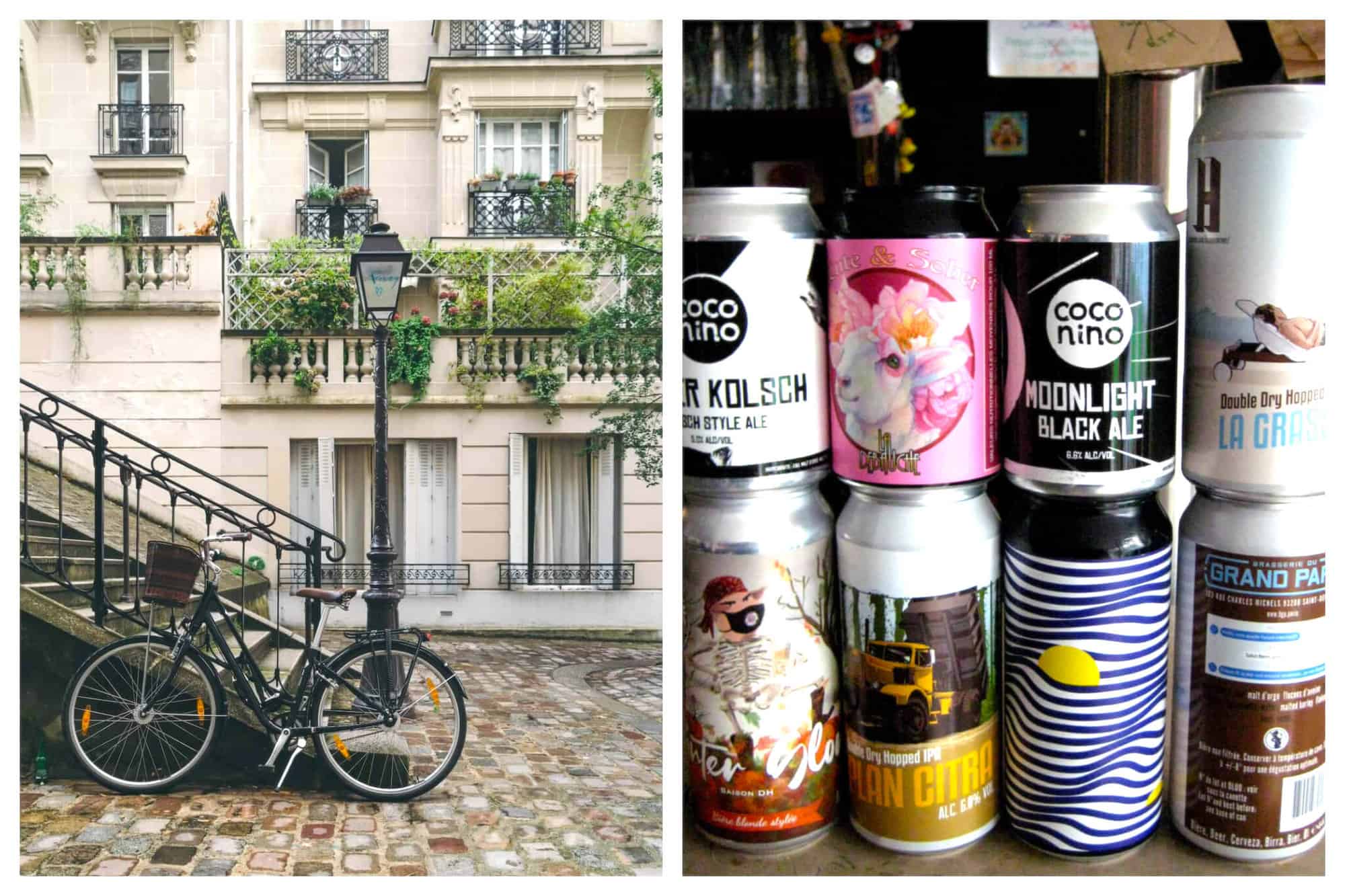 Left: a bike leaning against stairs outside in Paris. There are cobblestones visible as well as a Parisian apartment building with a large balcony filled with greenery. Right: a stack of 8 different cans of beer. The beer is artisanal. There are several labels, one that is visible reads "Coco Nino Moonlight Black Ale."