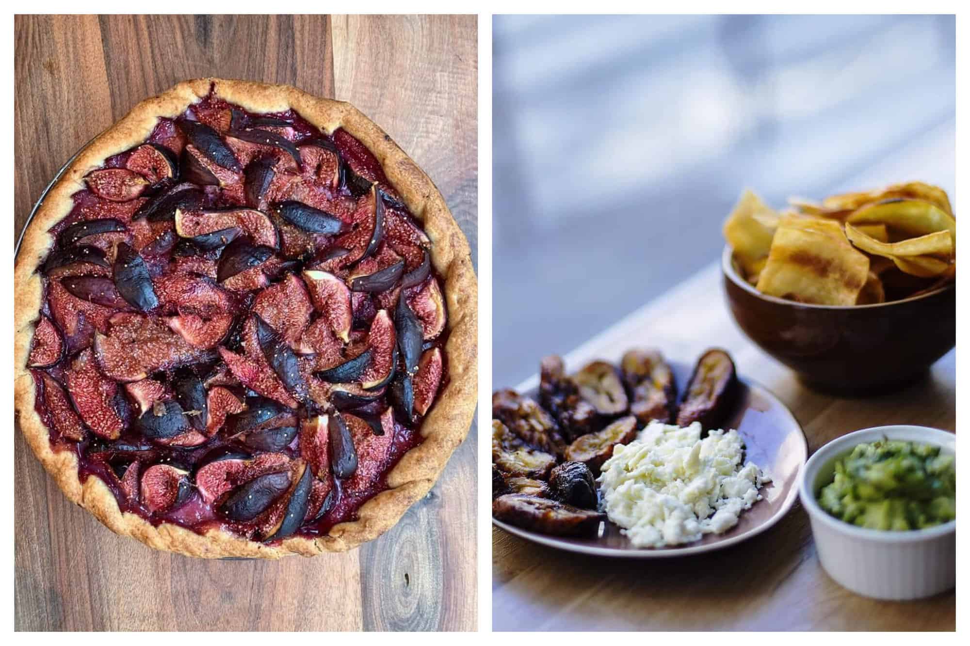Left: an aerial view of a fig pie from Atelier P1. The pie is on top of a wooden table. Right: Food from Bululu Arepera. there are plantain chips, guacamole, and a grilled vegetable with fresh cheese.