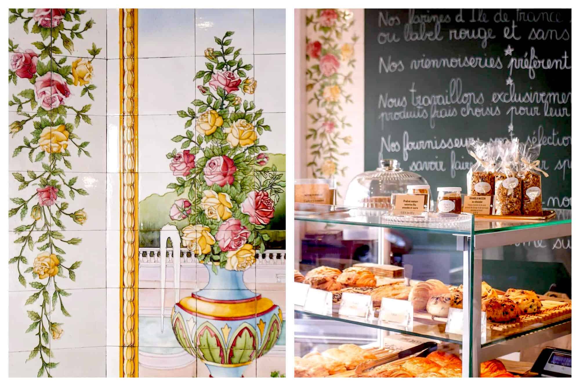 Left: a mosaic inside the Boulangerie du Square. On the left is a vine with pink and yellow roses on it, and to the right is a blue, red, green, and yellow vase with pink and yellow roses coming out of it. Right: a display case filled with different types of French pastries. A sign with the daily specials written in French is visible in the background.