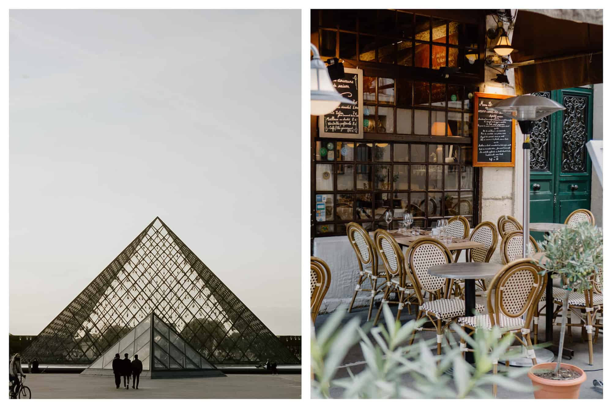 Left: the glass pyramid outside the Louvre Museum. There is a group of three people walking in front of it and to the left there is someone on a bike visible. The sky is cloudy. Right: an outdoor seating area at a café in Paris. There are several tables and chairs but they are all empty. A green door is visible to the right and there is a heater visible. There are a few small potted plants, and a window of the café is visible. 