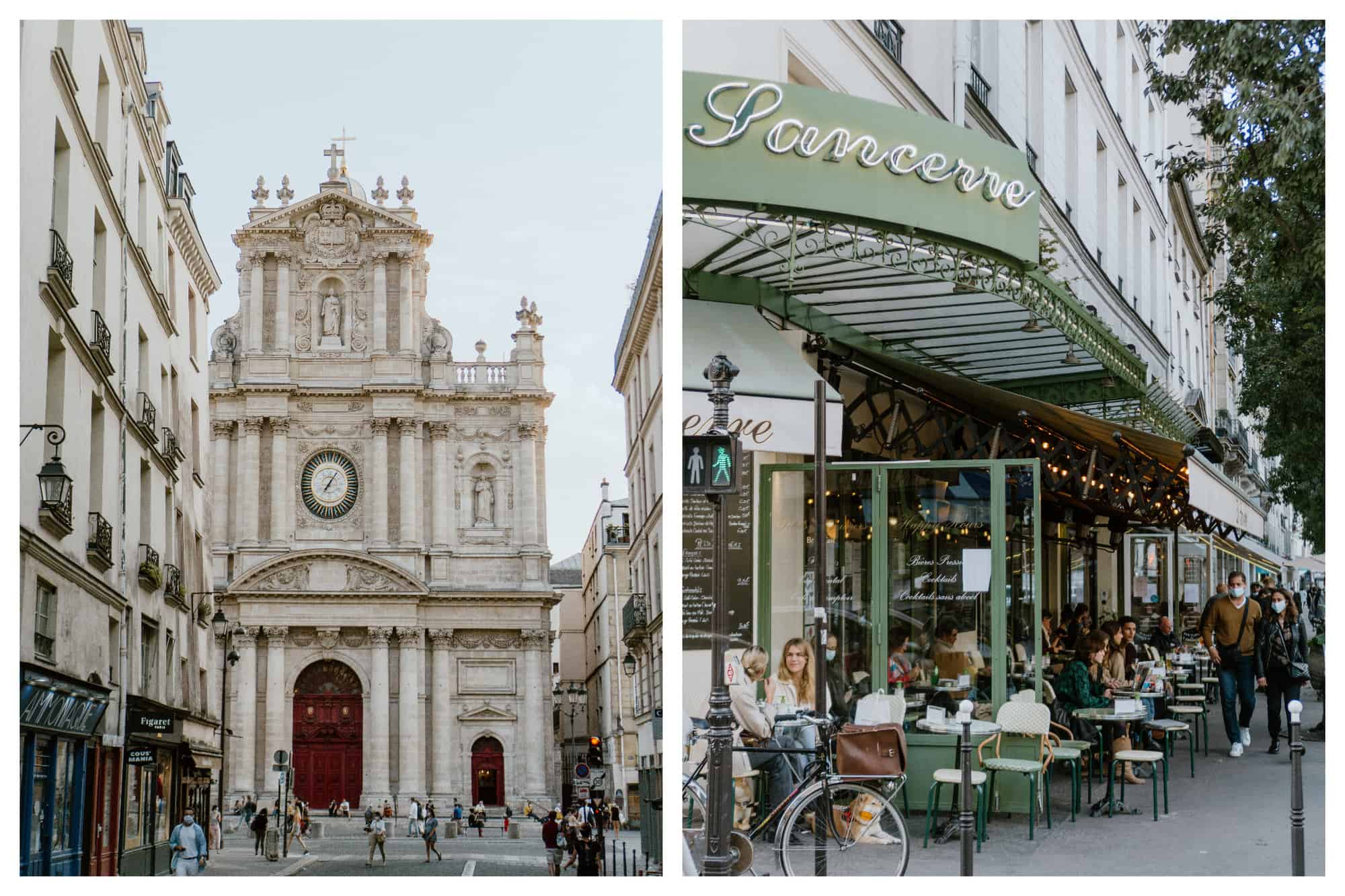 Left: a large church in Paris. The church is nestled in amongst other buildings. All of the buildings and the church are cream colored. The church has a large red door. Right: A café in Paris called "Le Sancerre." The word "Sancerre" is visible on a large green awning. There are several people sitting at tables and chairs outside. There are leaves from trees visible to the right.