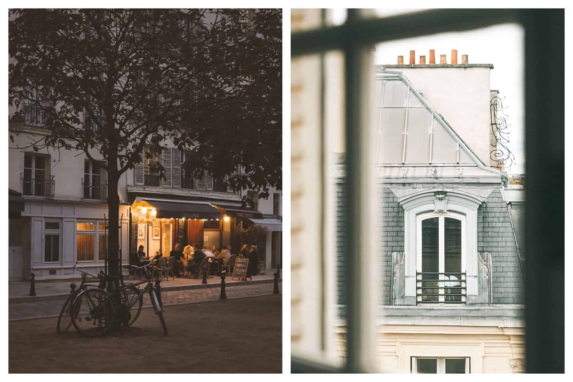 Left: a Parisian cafe at night. There are a few people sitting outside under the awning with lights on it. The rest of the buildings are dark, but there are some trees with bikes leaning against them that are visible. Right: The view of a window in Paris through another window. The panes of the window that is being looking through are visible and the window that can be seen is white with a bit of iron work on it.