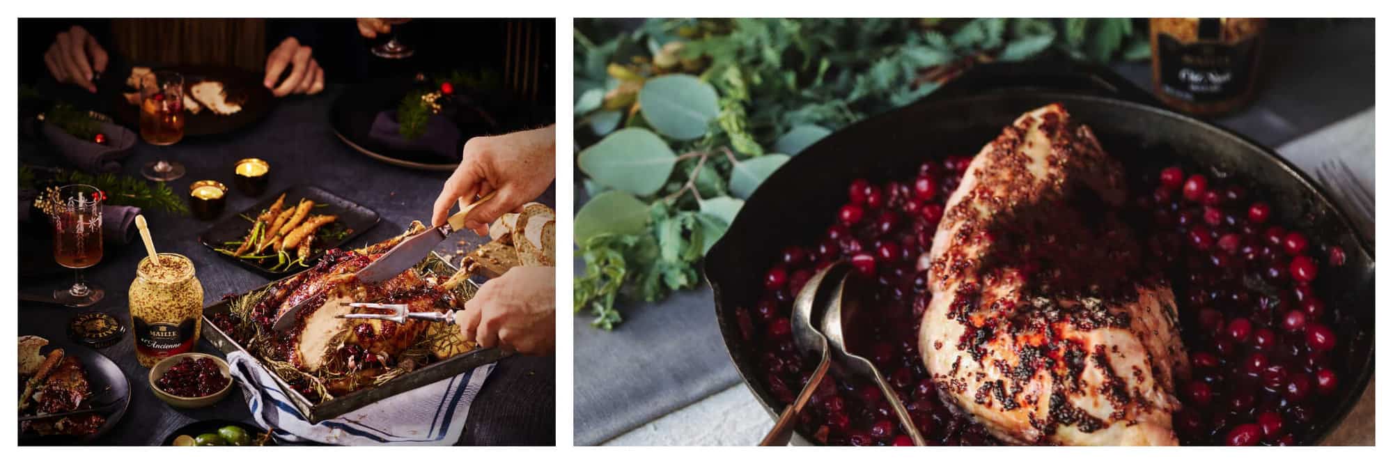 Left: a table set with a turkey, carrots, cranberry sauce, and other Thanksgiving foods. There is a glass jar of mustard visible. Someone is cutting the turkey. Right: a cast iron pan filled with cranberries and turkey. There is greenery and a glass jar of mustard visible in the background.