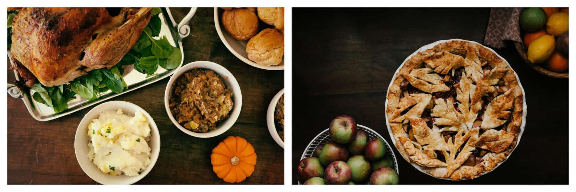 Left: an aerial view of a turkey, mashed potatoes, stuffing, and dinner rolls on a wooden table. There are greens under the turkey, and there is a small pumpkin as decoration. Right: an aerial view of an apple pie with a bowl of apples and another bowl of citrus fruits. The pie crust is made in the shape of leaves. 