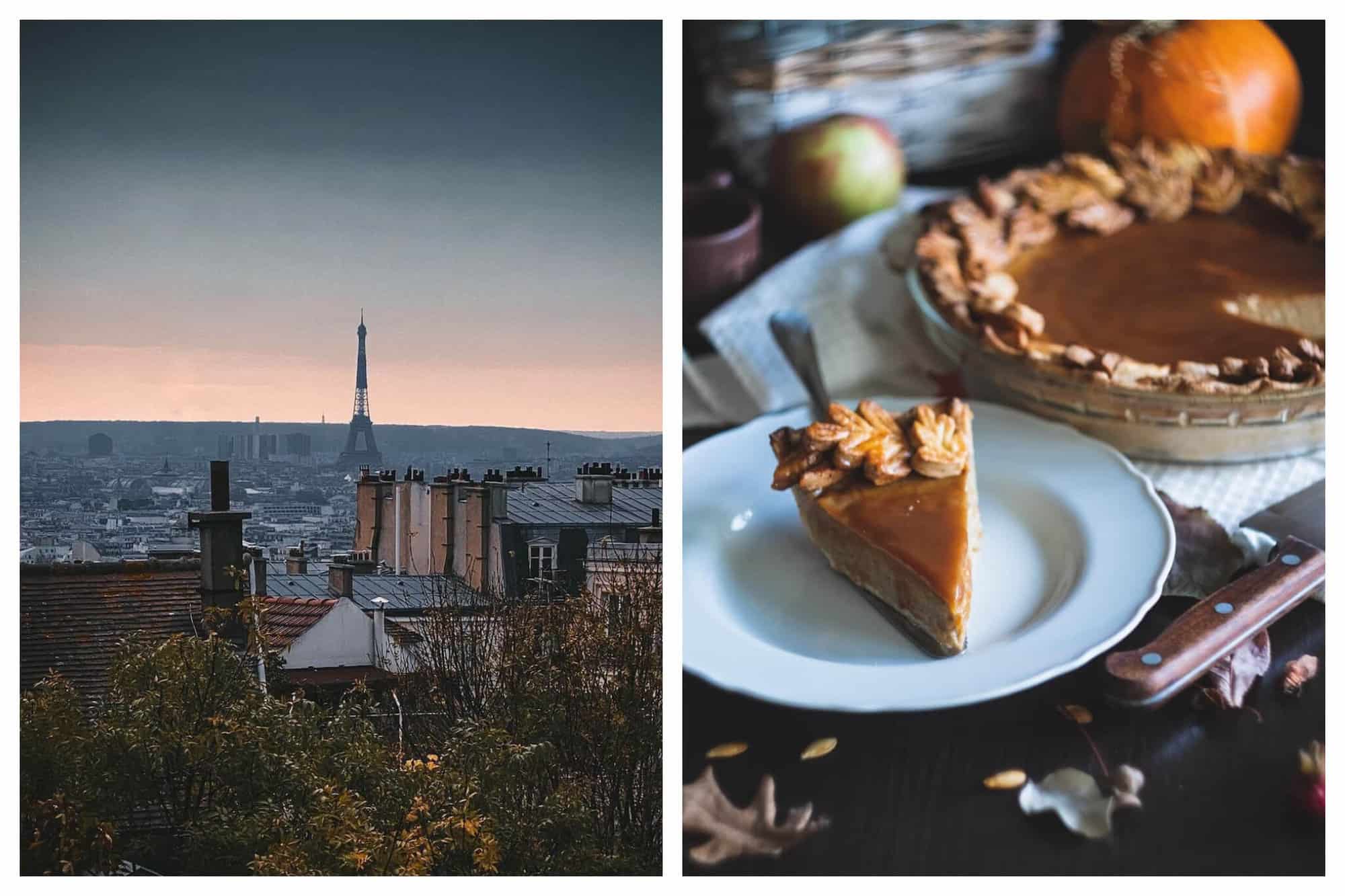 Left: a view of the Paris skyline. The sun is setting and the Eiffel Tower is visible. There are also several Parisian rooftops as well as trees with barely any leaves. Right: A slice of pumpkin pie on a white plate. The rest of the pie is visible in the background. The crust is made of dough in the shape of leaves, and there are fall decorations on the table.