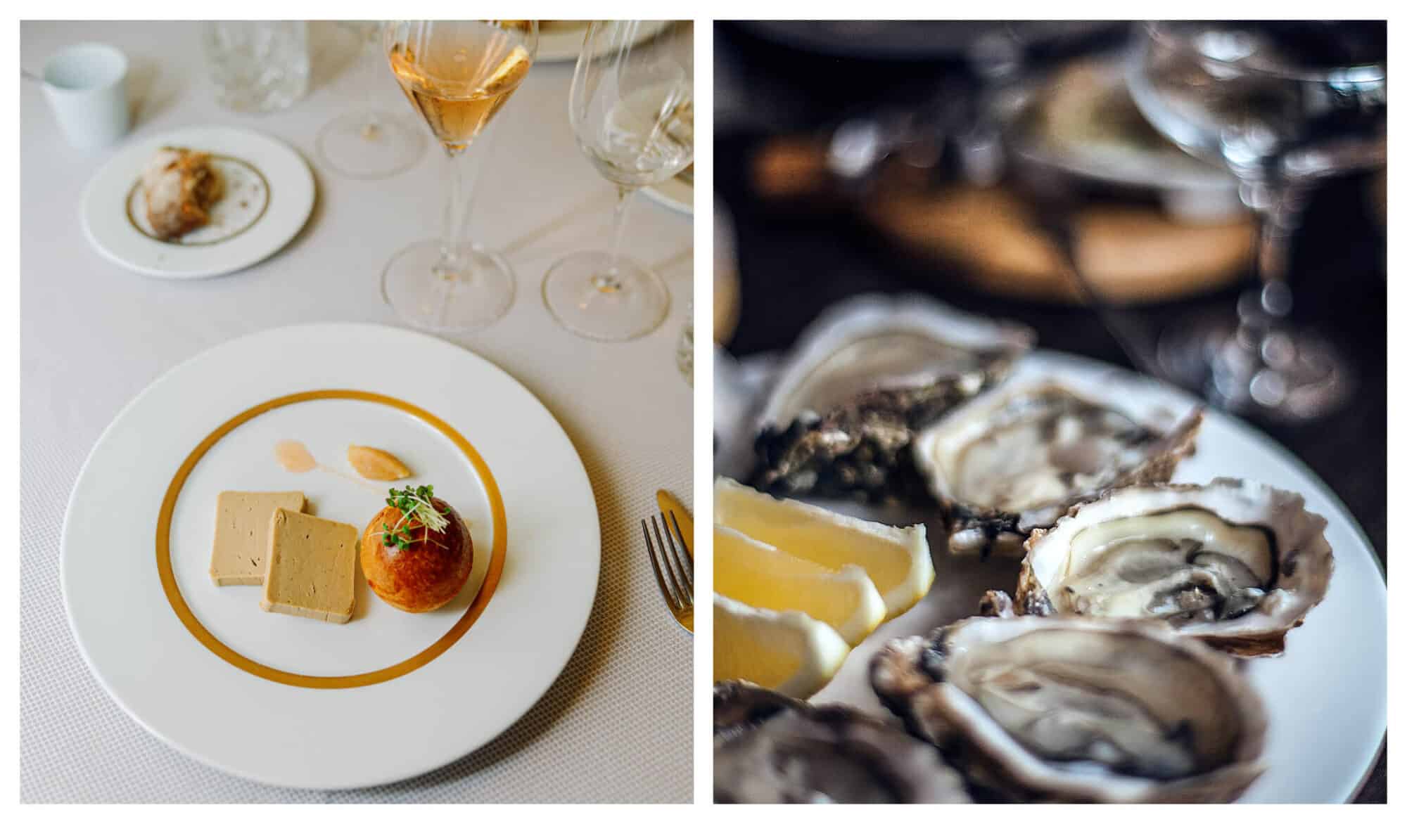 Left: A sophisticated plate of foie gras as appetizer on a holiday meal; Right: A plate of fresh oysters.