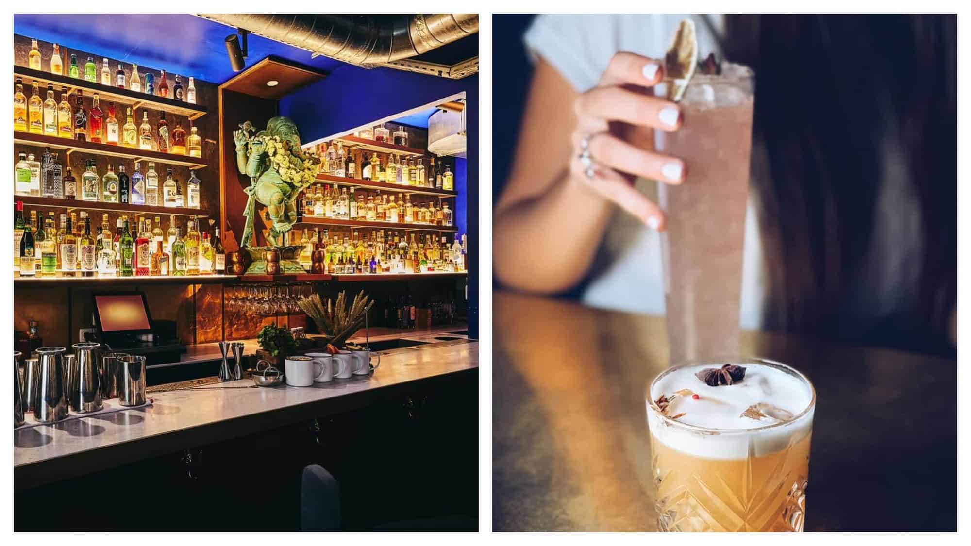 Left: interior of a bar in Paris called "Baranaan." There are several shelves filled with bottles of alcohol behind a long white bar. Right: Two drinks from "Baranaan." There is a large light pink colored and a smaller one with white foam at the top.