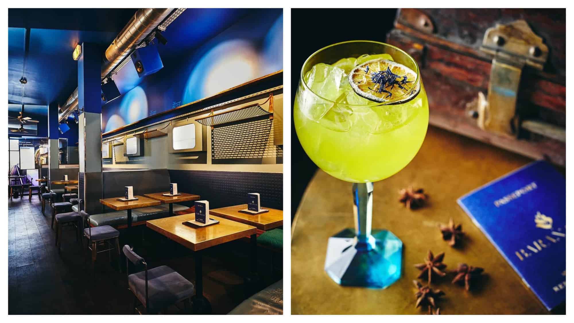 Left: the interior of a bar in Paris called "Baranaan." There are several tables and chairs and the walls are painted bright blue. Right: a bright yellow drink from "Baranaan." A small blue passport can be seen in the right corner of the image.