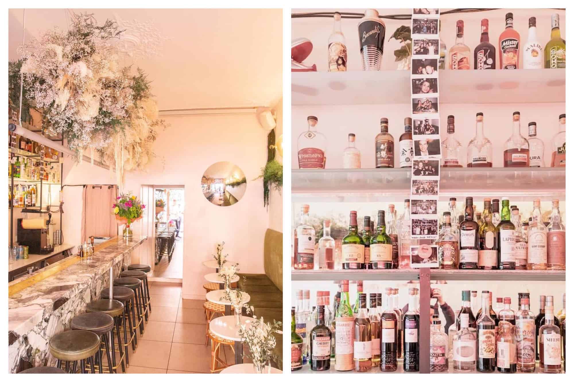 Left: the interior of "Bisou." It is bright and there are flowers throughout. A bar with several stools is visible to the left and tables and other stools are to the left. Right: Behind the bar at "Bisou." There are several bottles of alcohol as well as polaroid pictures.