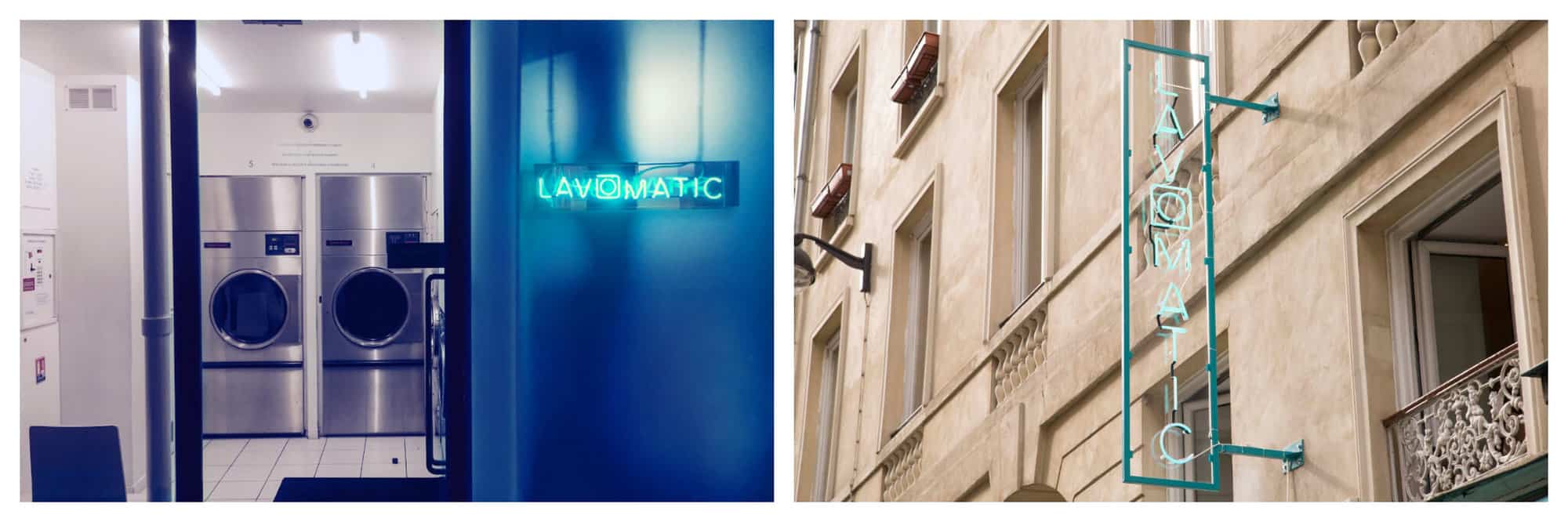 the entrance to the bar in Paris "Lavomatic." I looks like a laundromat, but there is a bright blue neon sign to the right that says "Lavomatic." There are two washing machines visible. Right: The exterior of "Lavomatic." It is a Parisian stone building and the sign is blue and neon.