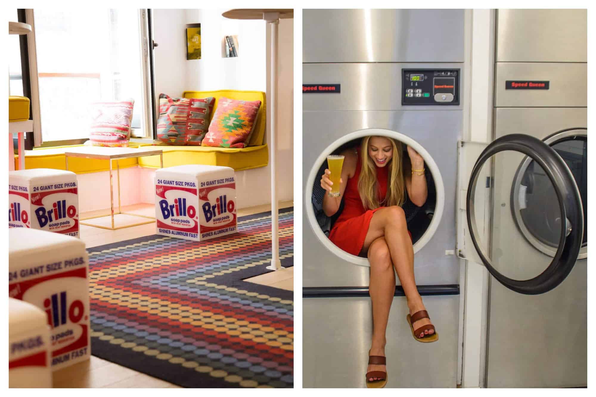 Left: the interior of the bar in Paris "Lavomatic." There are colorful cushions and pillows on several benches. There are large stools made to look like a Brillo Pad box. Right: A woman wearing a red dress and sandals sitting inside a washing machine with a cocktail in her hand. She is smiling but not looking at the camera.